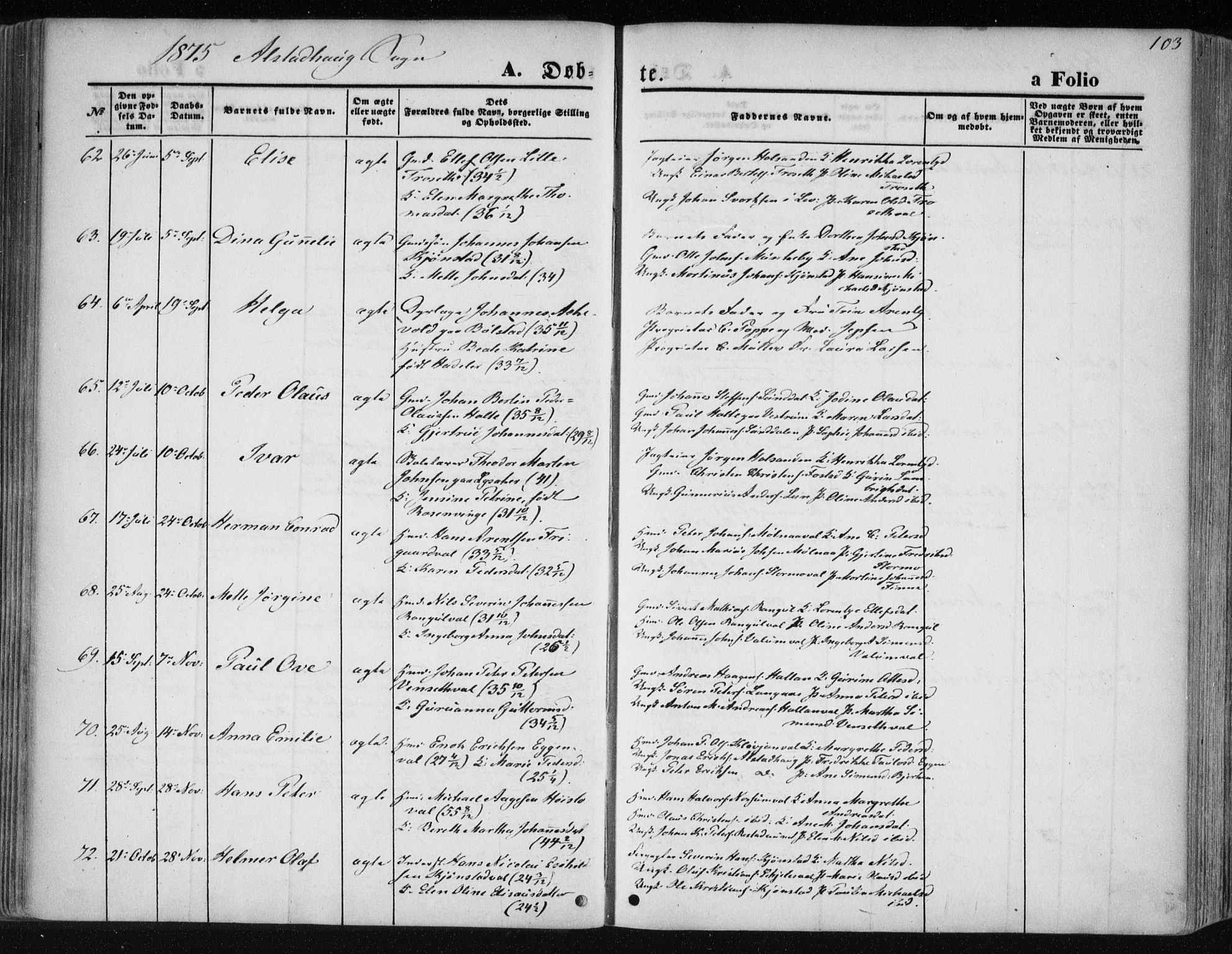 Ministerialprotokoller, klokkerbøker og fødselsregistre - Nord-Trøndelag, SAT/A-1458/717/L0157: Parish register (official) no. 717A08 /1, 1863-1877, p. 103