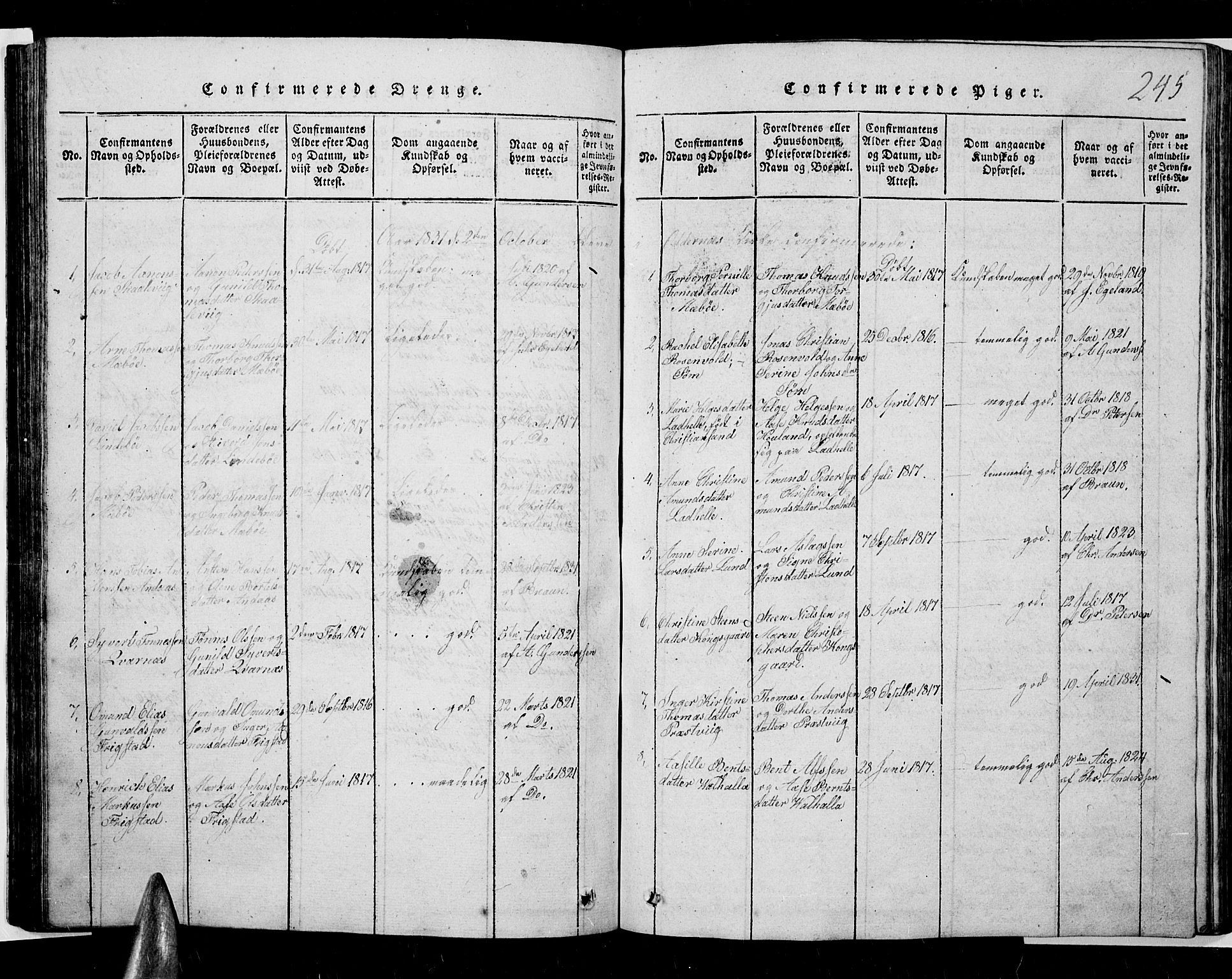 Oddernes sokneprestkontor, SAK/1111-0033/F/Fb/Fba/L0003: Parish register (copy) no. B 3, 1820-1838, p. 245