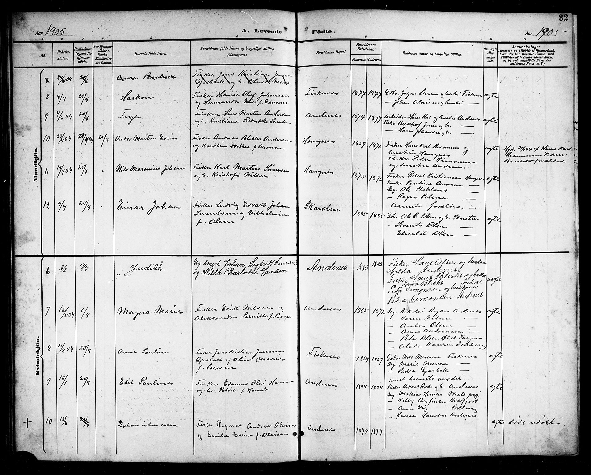 Ministerialprotokoller, klokkerbøker og fødselsregistre - Nordland, SAT/A-1459/899/L1449: Parish register (copy) no. 899C04, 1900-1918, p. 32