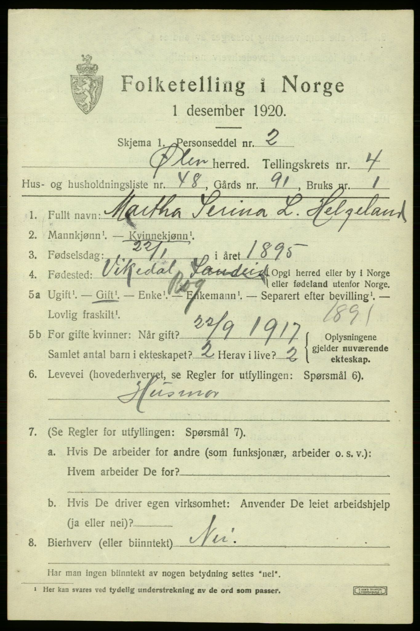 SAB, 1920 census for Ølen, 1920, p. 2305