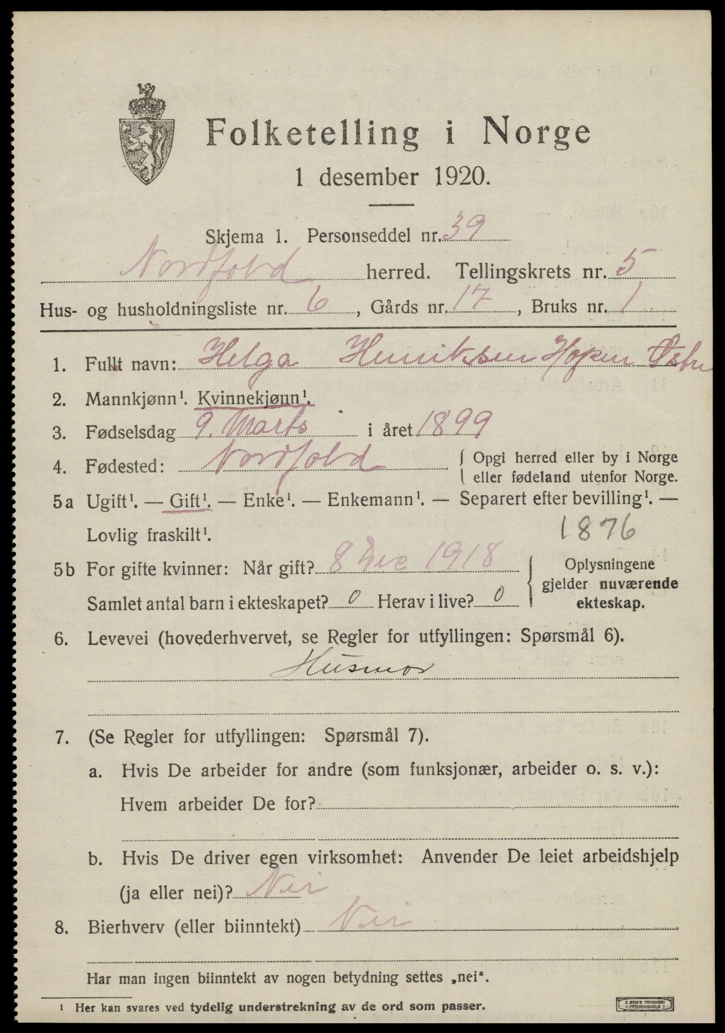 SAT, 1920 census for Nordfold, 1920, p. 2509