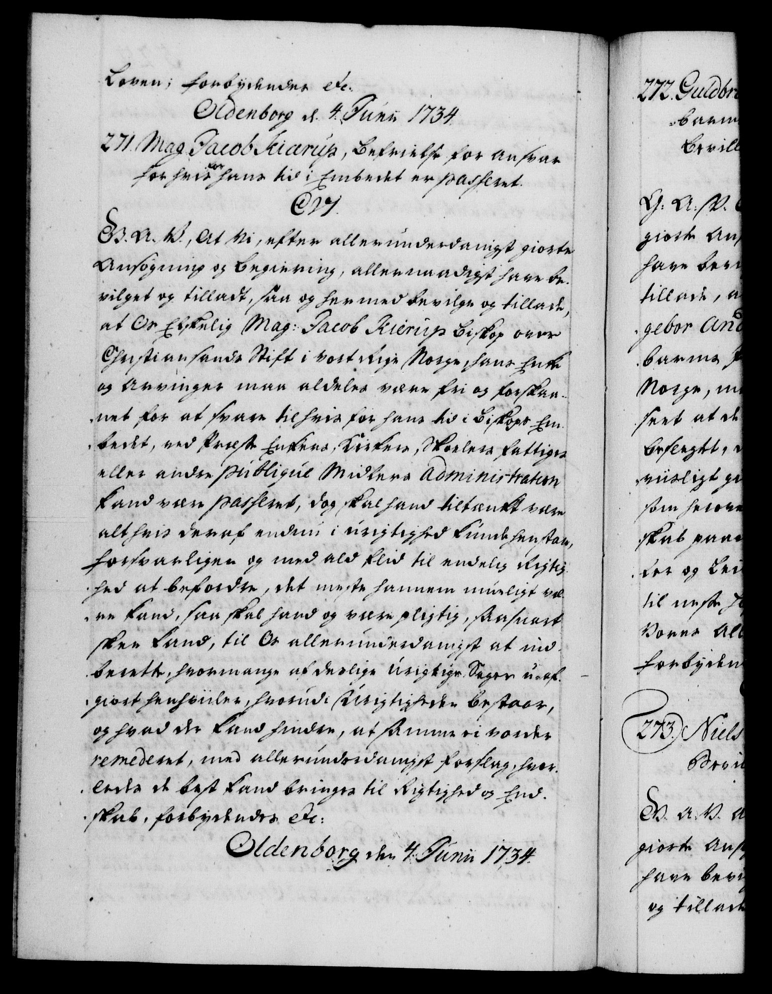 Danske Kanselli 1572-1799, AV/RA-EA-3023/F/Fc/Fca/Fcaa/L0028: Norske registre, 1733-1734, p. 527b