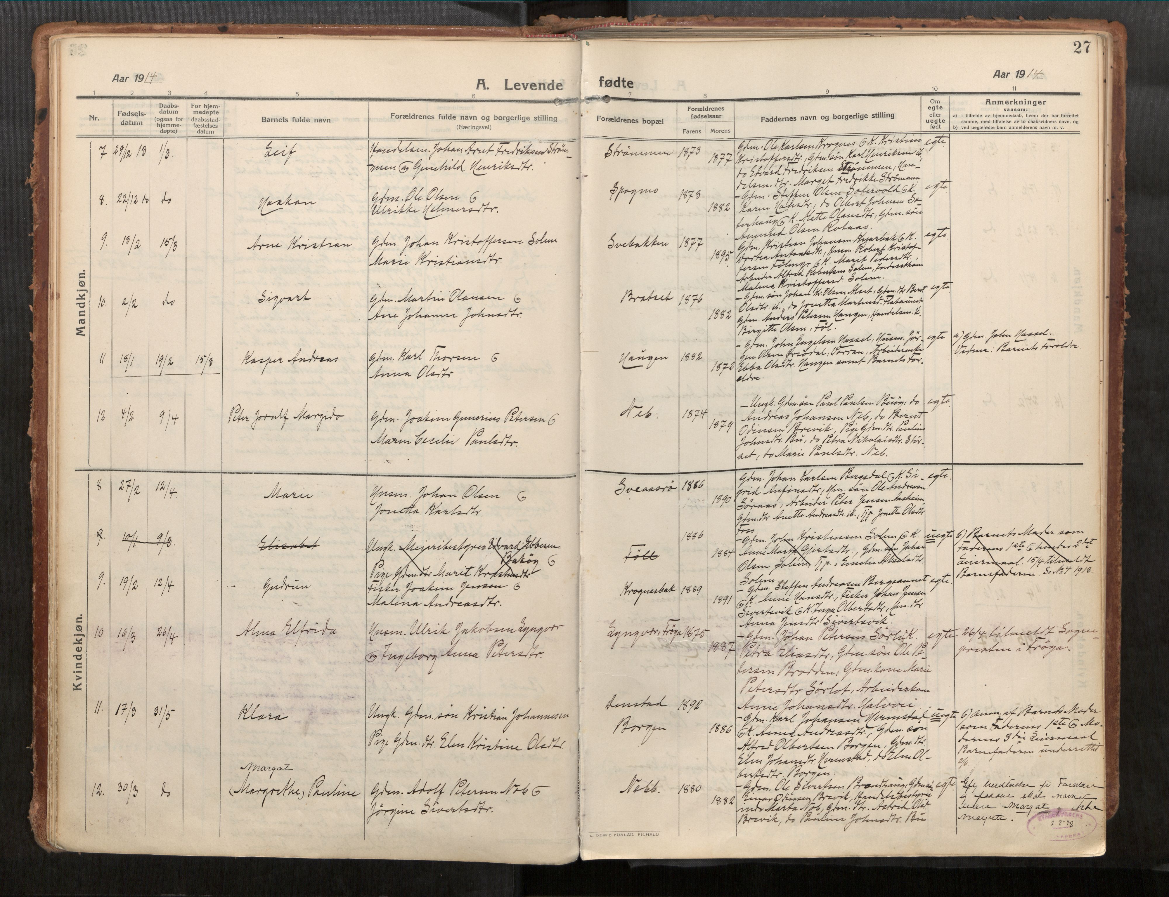 Stadsbygd sokneprestkontor, AV/SAT-A-1117/1/I/I1/I1a/L0001: Parish register (official) no. 1, 1911-1929, p. 27