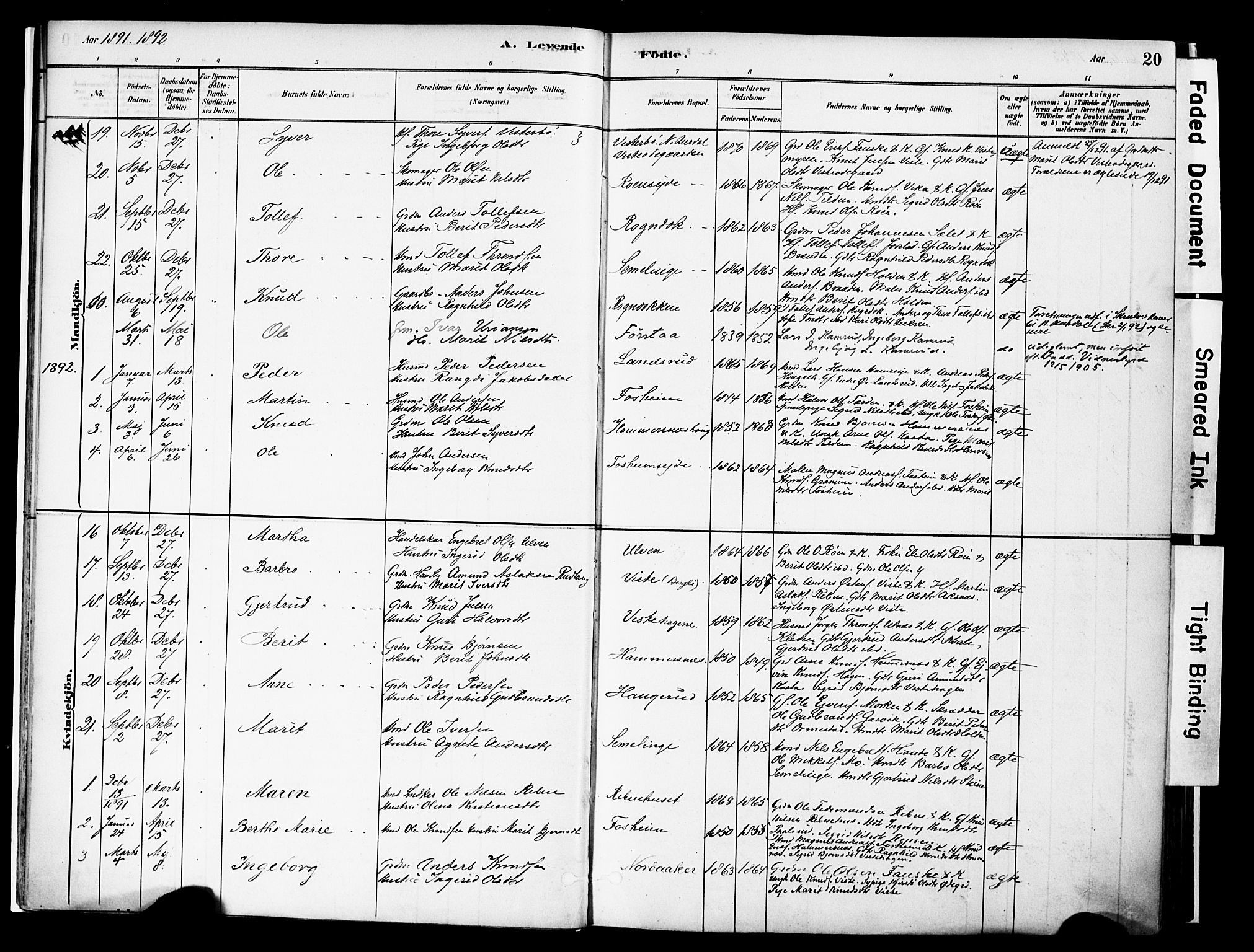 Vestre Slidre prestekontor, SAH/PREST-136/H/Ha/Haa/L0006: Parish register (official) no. 6, 1881-1912, p. 20