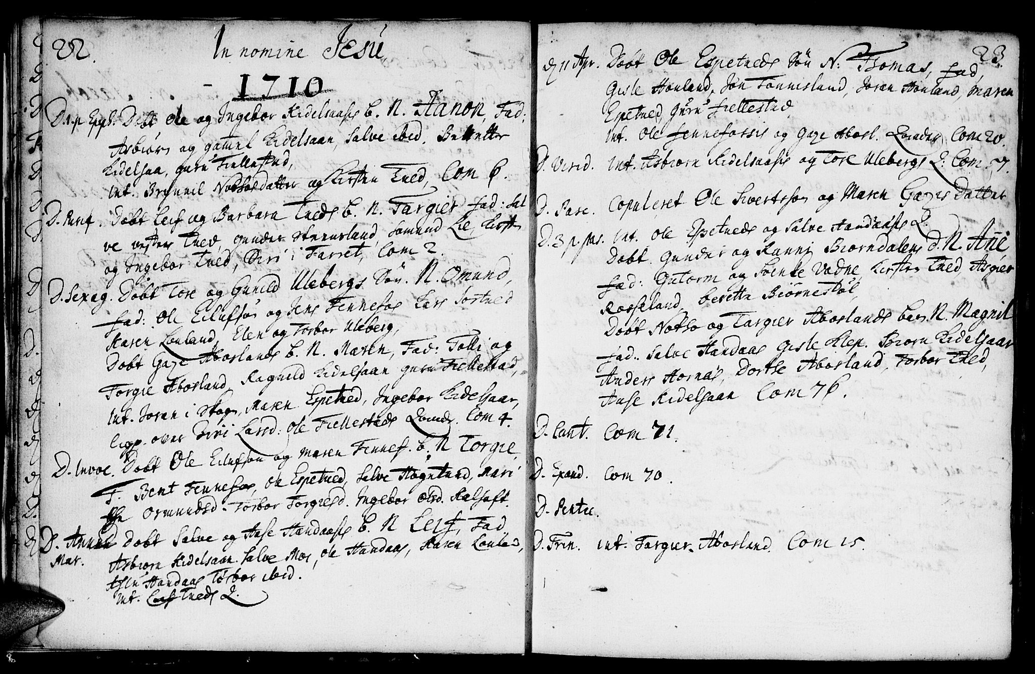 Evje sokneprestkontor, AV/SAK-1111-0008/F/Fa/Fab/L0001: Parish register (official) no. A 1, 1704-1764, p. 22-23