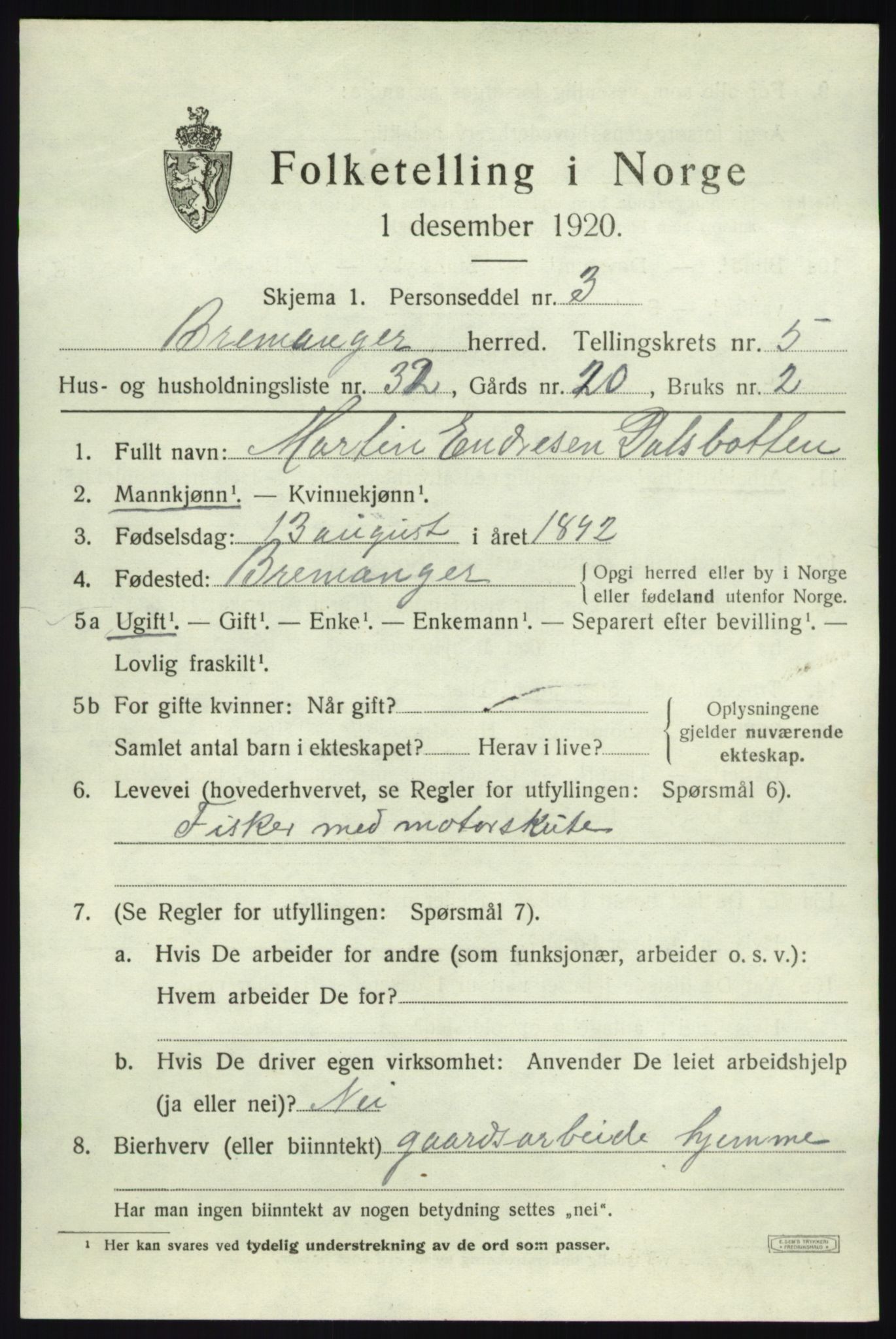 SAB, 1920 census for Bremanger, 1920, p. 3988