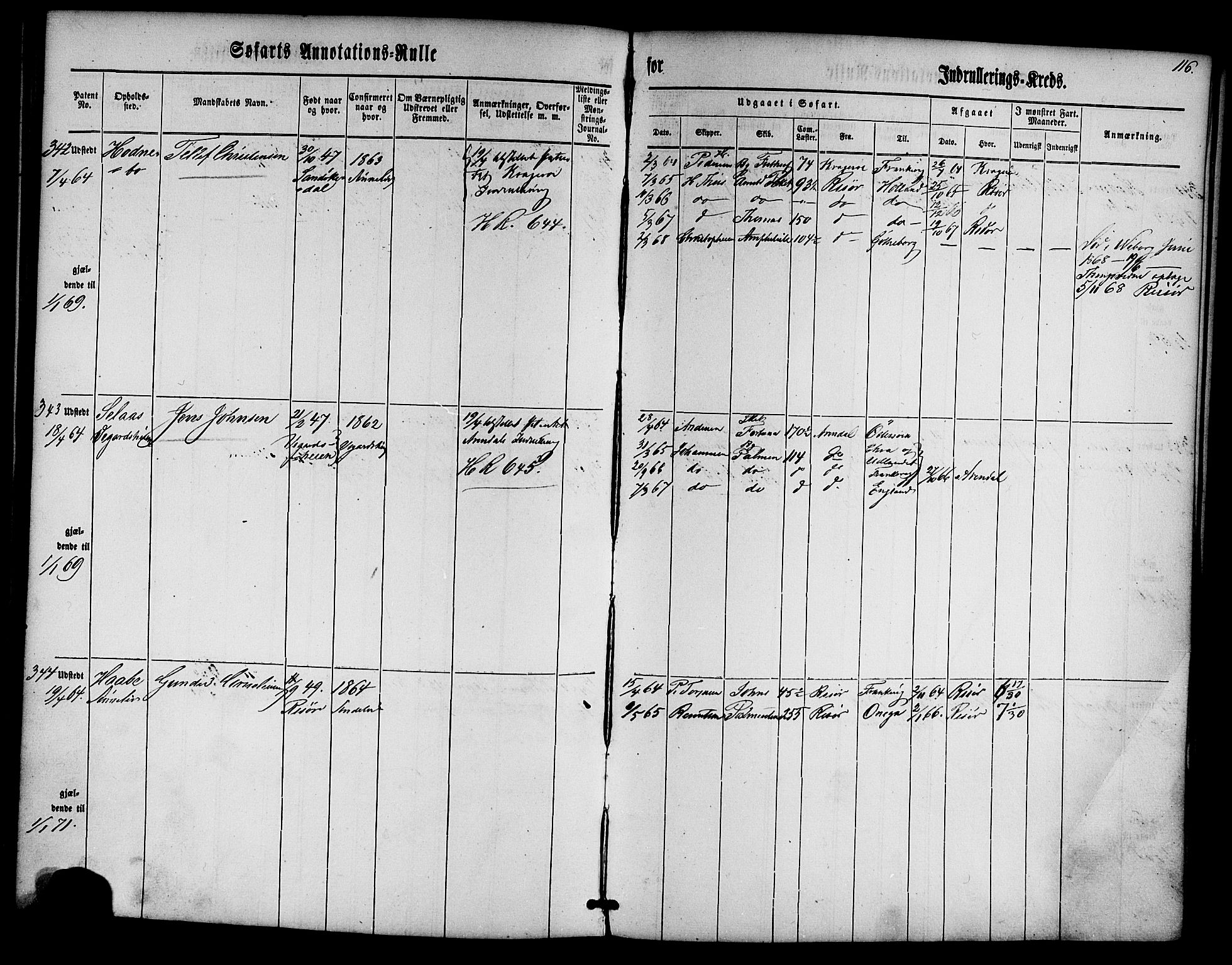 Risør mønstringskrets, AV/SAK-2031-0010/F/Fa/L0001: Annotasjonsrulle nr 1-435 med register, D-1, 1860-1865, p. 135