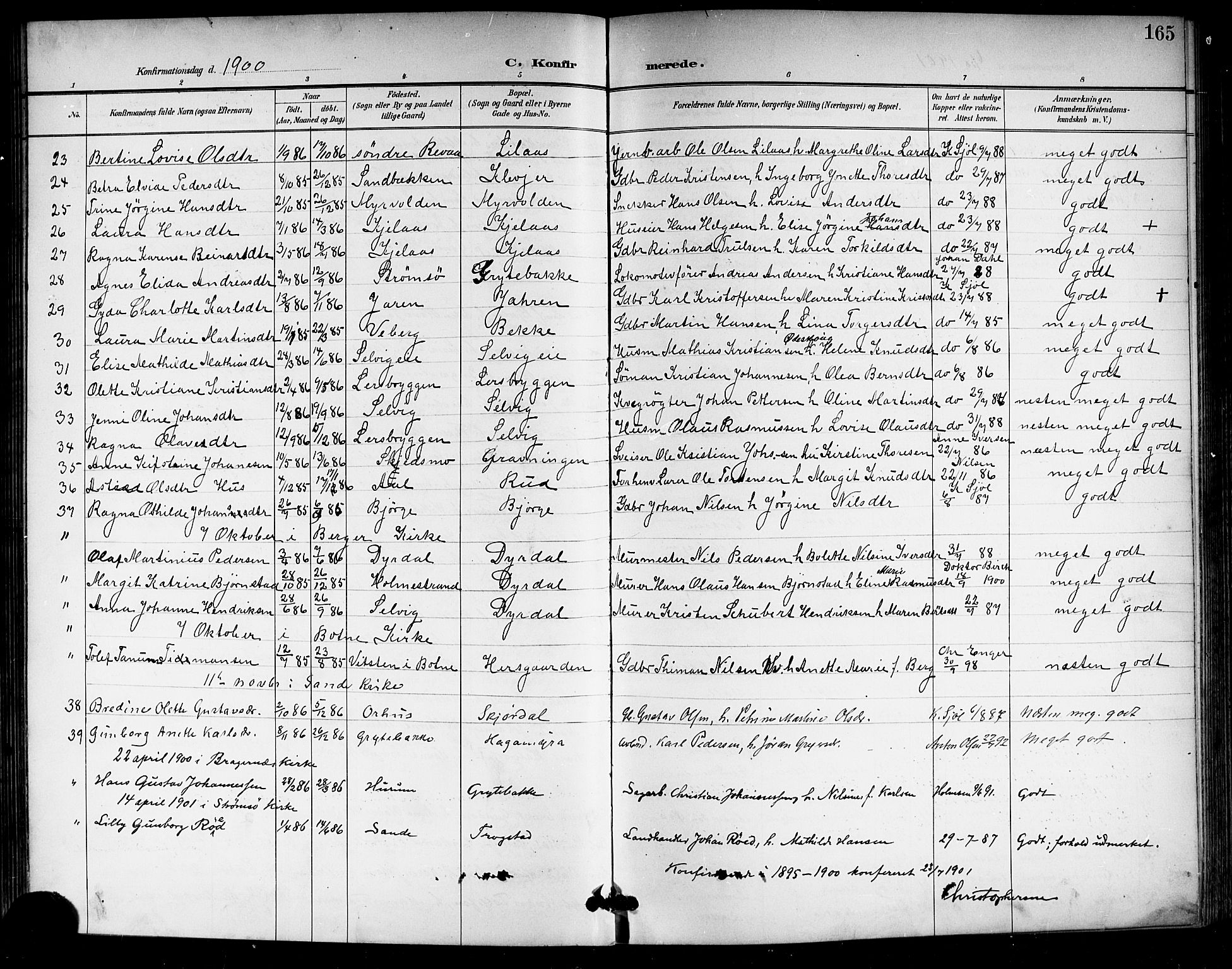 Sande Kirkebøker, AV/SAKO-A-53/G/Ga/L0004: Parish register (copy) no. 4, 1895-1918, p. 165