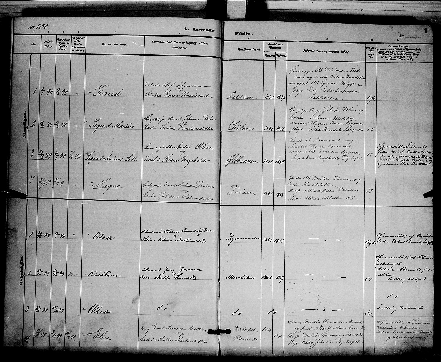 Åsnes prestekontor, AV/SAH-PREST-042/H/Ha/Hab/L0003: Parish register (copy) no. 3, 1890-1902, p. 1