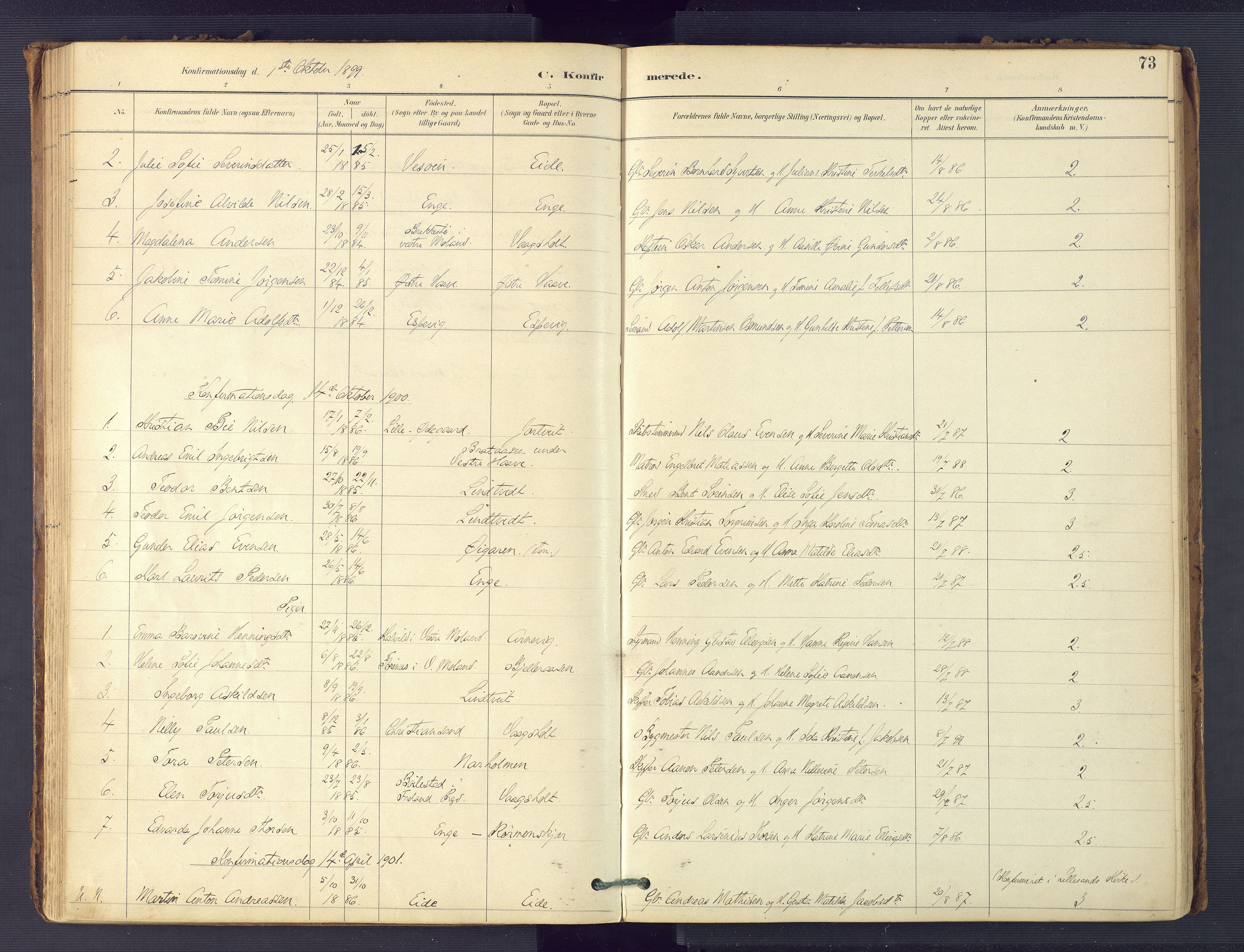Hommedal sokneprestkontor, SAK/1111-0023/F/Fa/Faa/L0003: Parish register (official) no. A 3, 1885-1916, p. 73