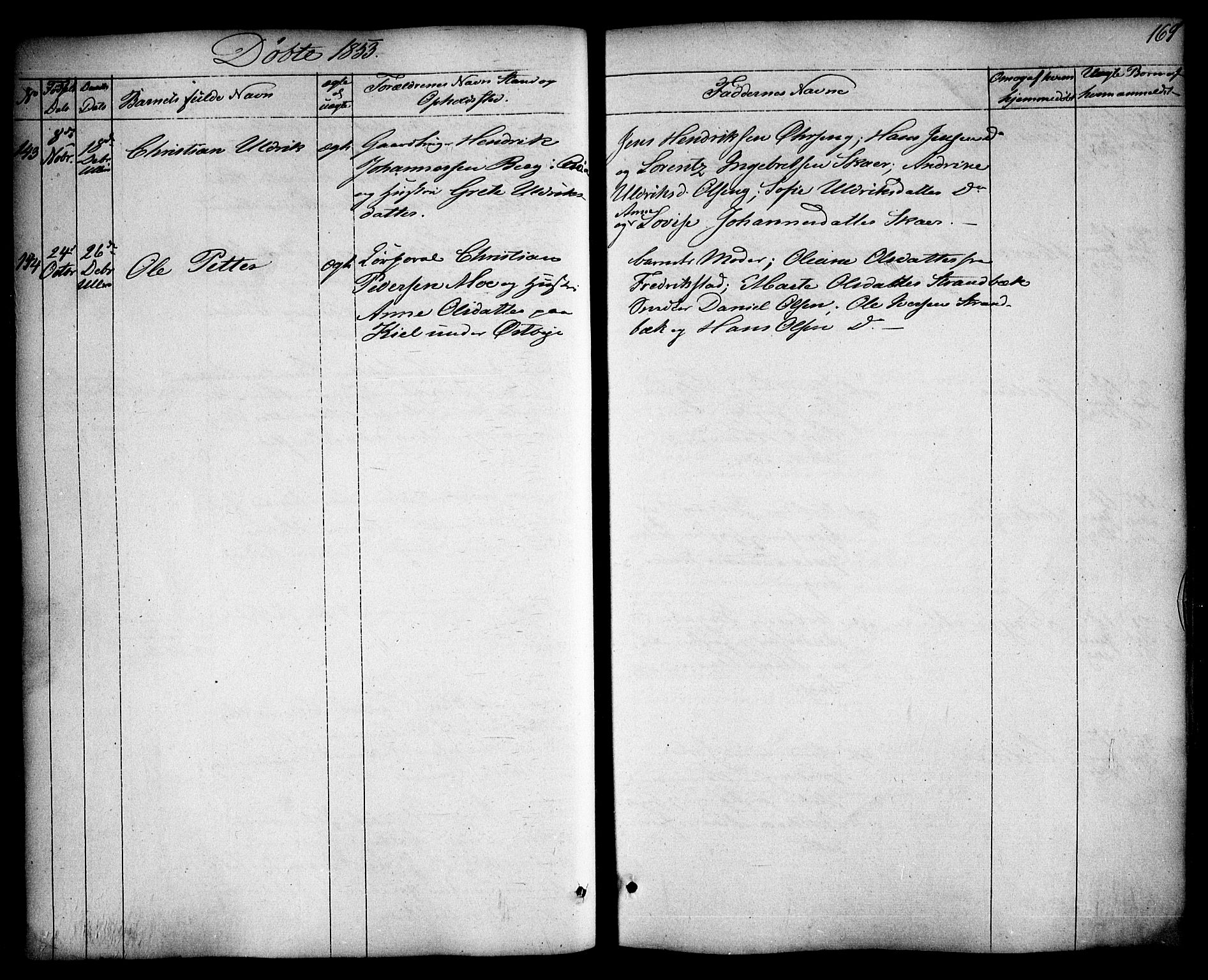 Skjeberg prestekontor Kirkebøker, AV/SAO-A-10923/F/Fa/L0006: Parish register (official) no. I 6, 1846-1858, p. 169