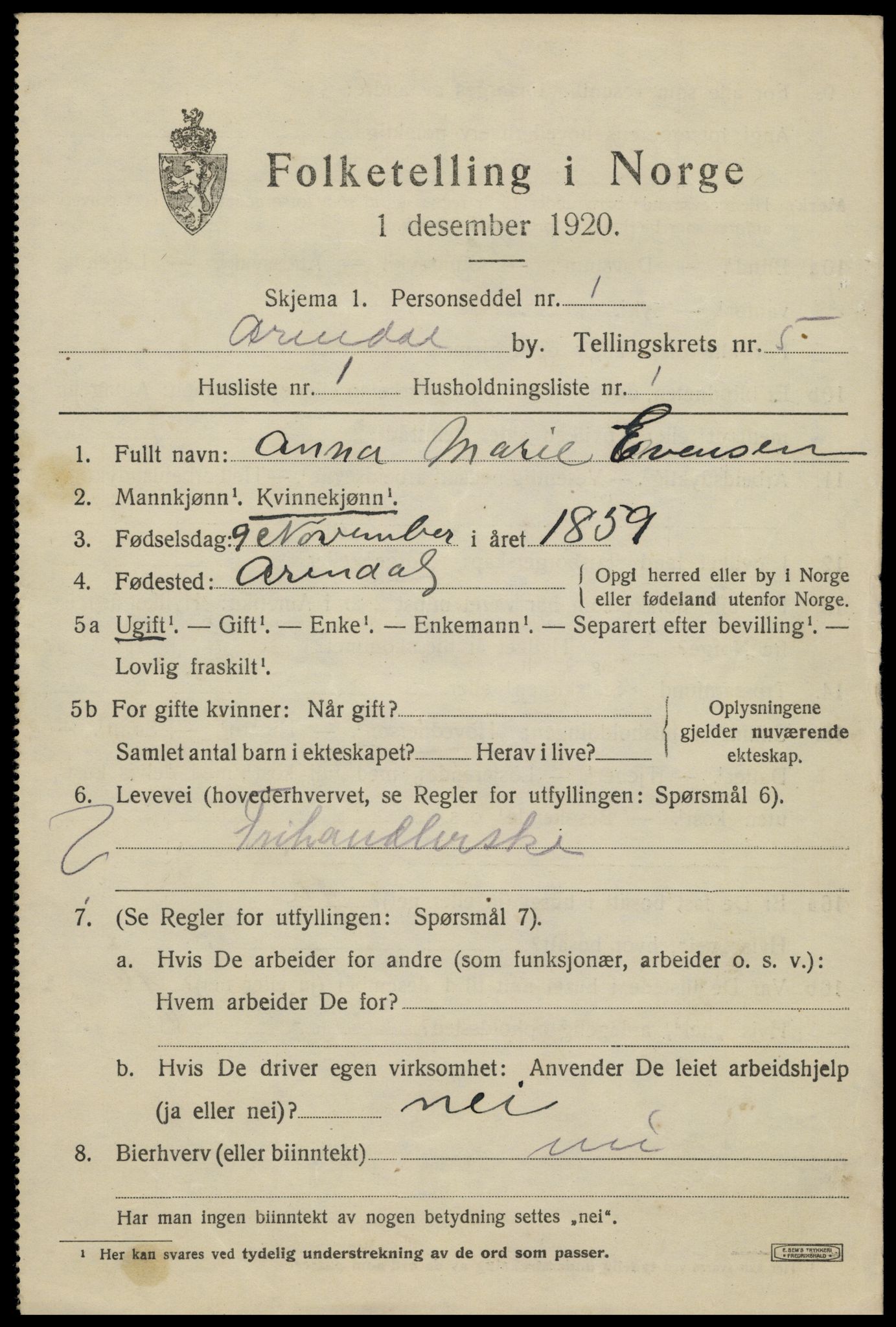 SAK, 1920 census for Arendal, 1920, p. 12446