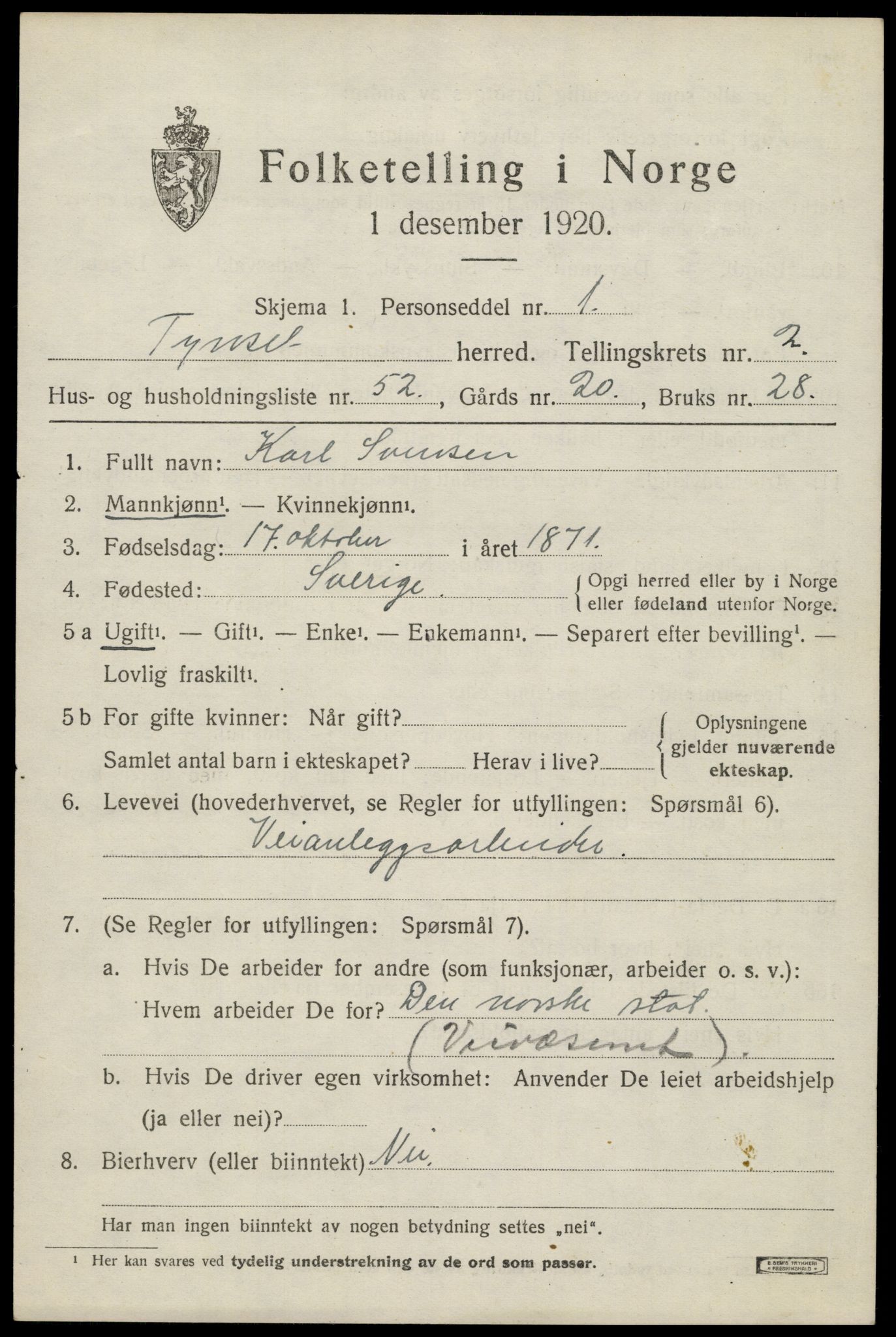 SAH, 1920 census for Tynset, 1920, p. 2892