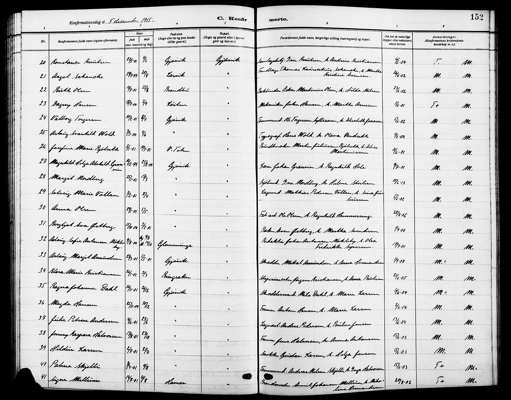 Vardal prestekontor, SAH/PREST-100/H/Ha/Hab/L0014: Parish register (copy) no. 14, 1911-1922, p. 152
