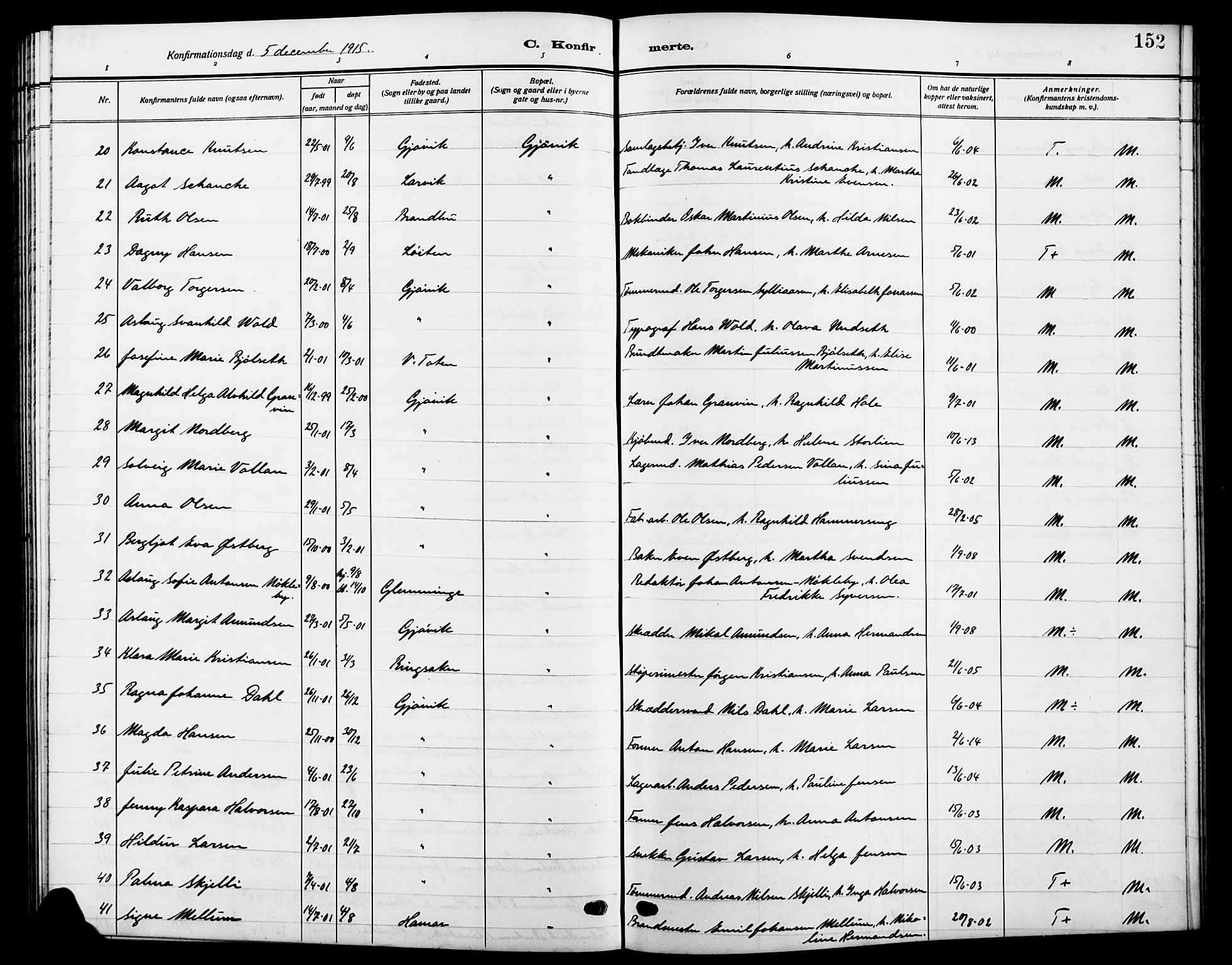 Vardal prestekontor, AV/SAH-PREST-100/H/Ha/Hab/L0014: Parish register (copy) no. 14, 1911-1922, p. 152