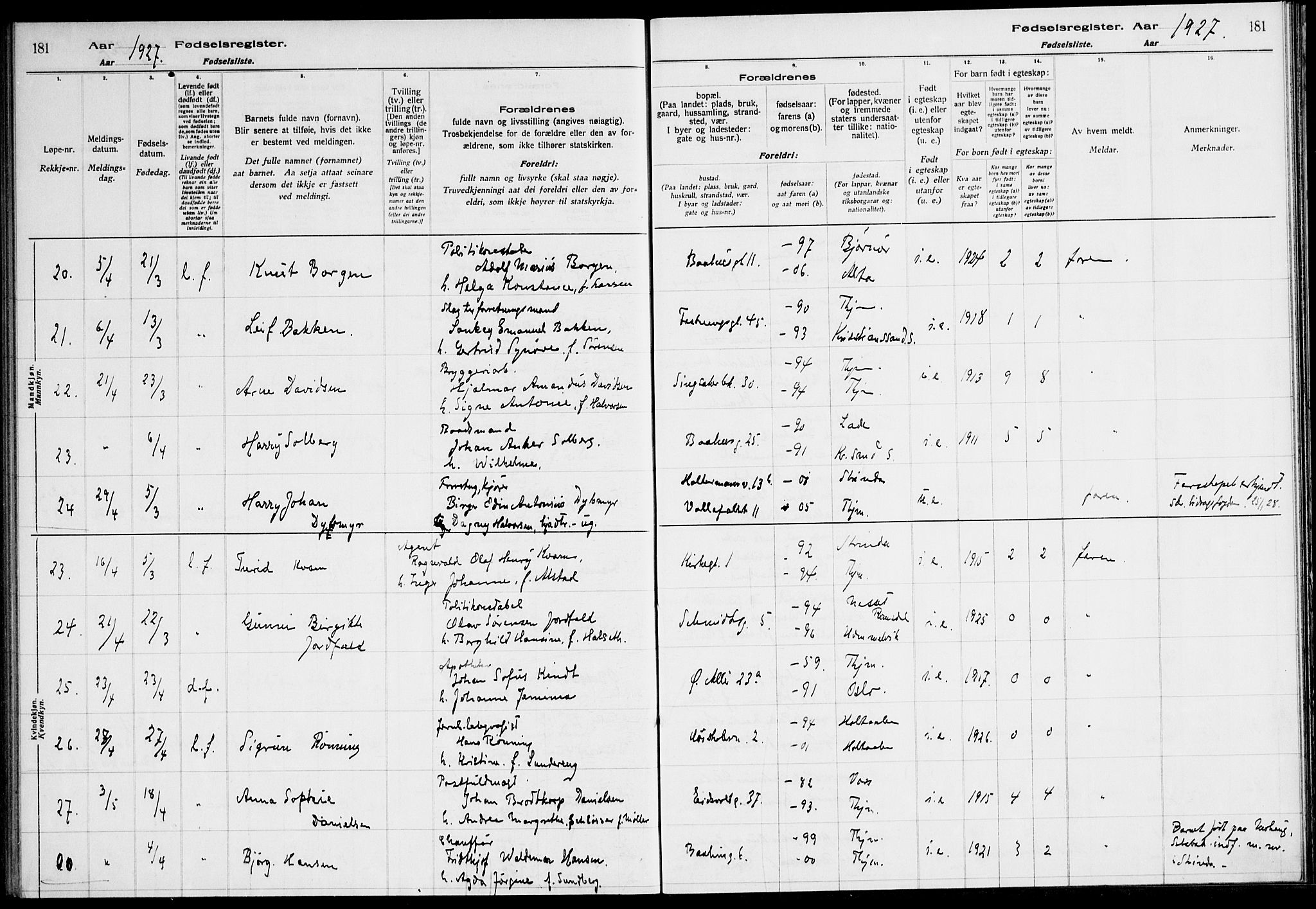 Ministerialprotokoller, klokkerbøker og fødselsregistre - Sør-Trøndelag, AV/SAT-A-1456/604/L0233: Birth register no. 604.II.4.2, 1920-1928, p. 181