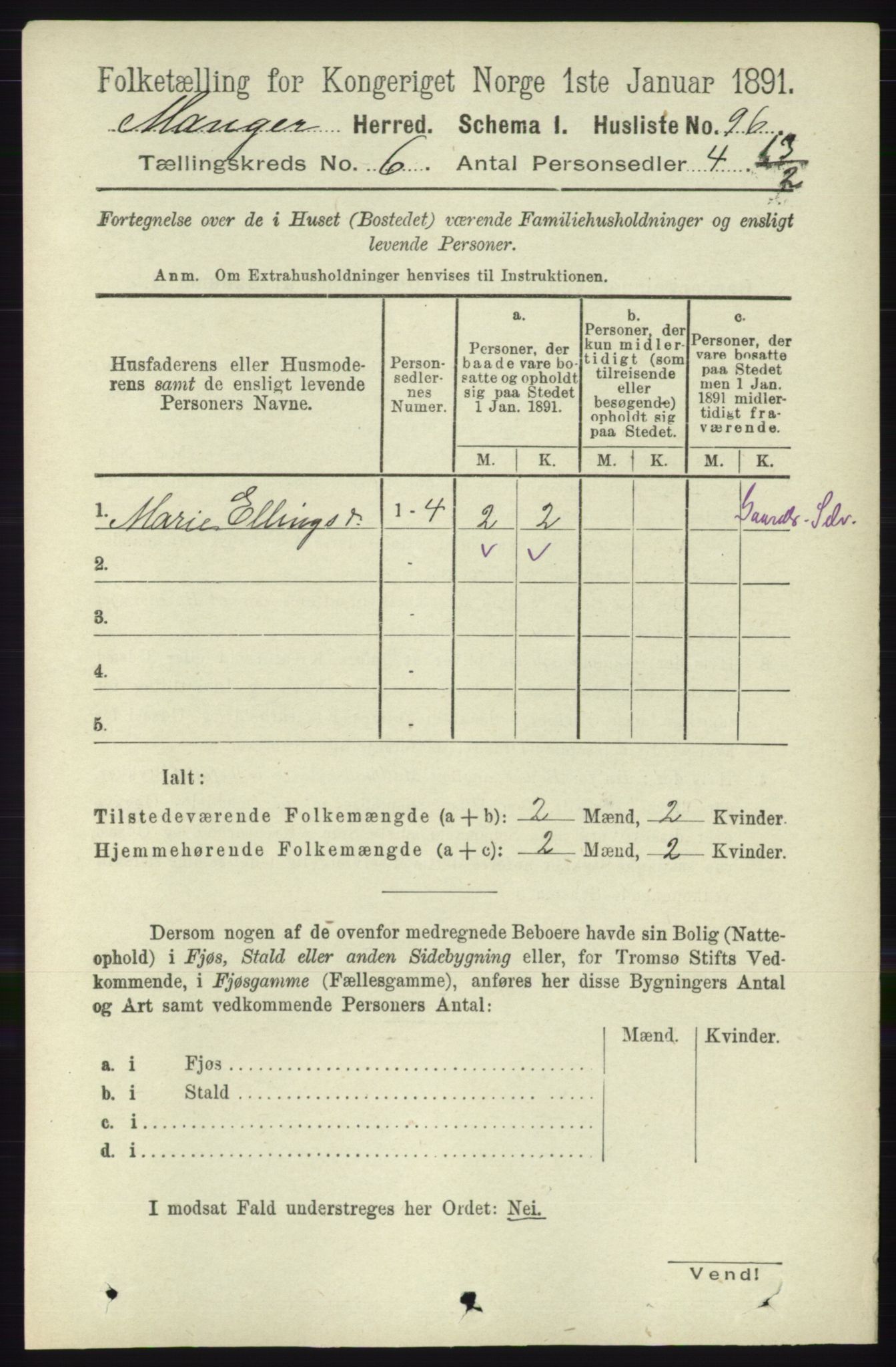 RA, 1891 census for 1261 Manger, 1891, p. 3405