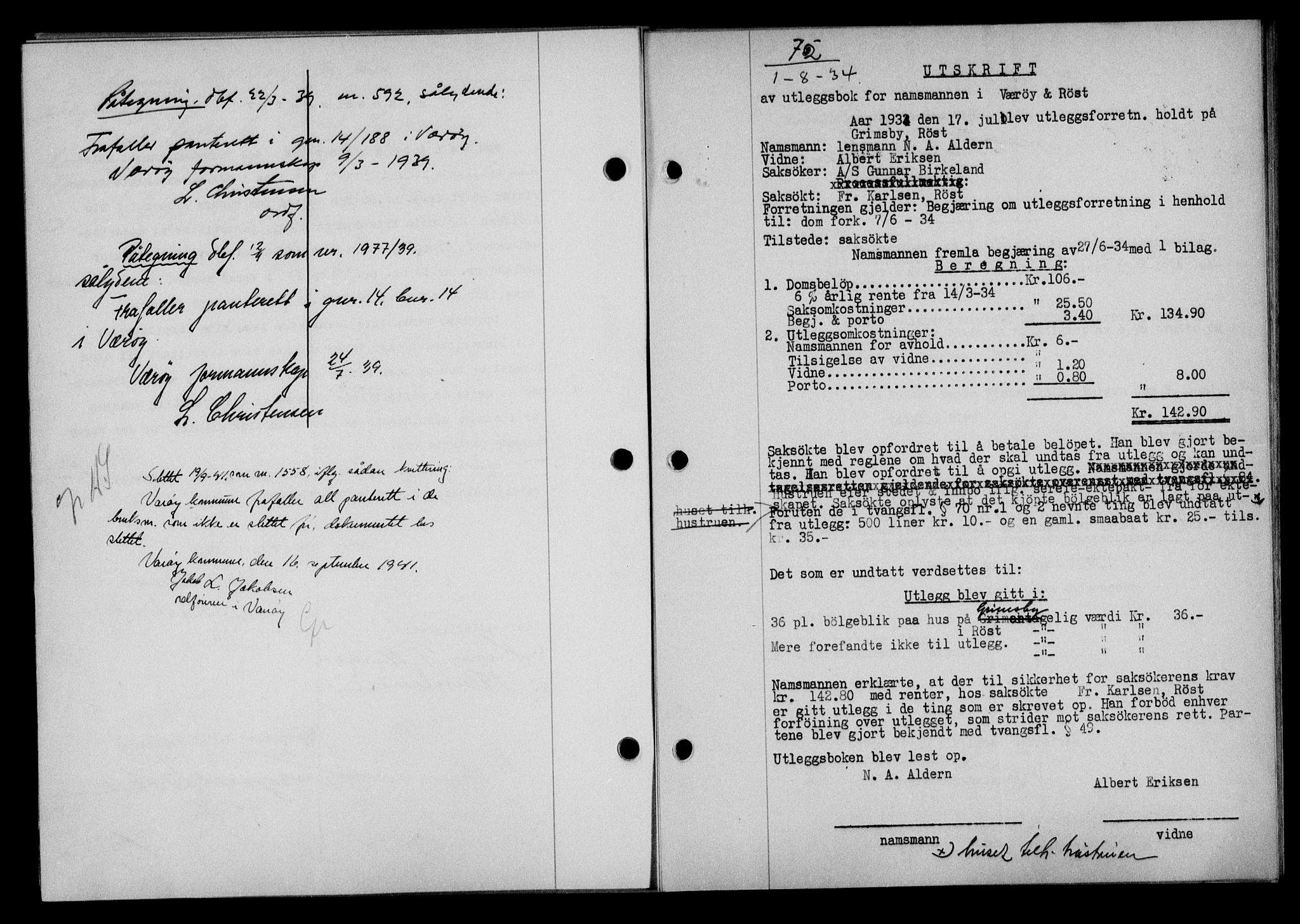 Lofoten sorenskriveri, SAT/A-0017/1/2/2C/L0030b: Mortgage book no. 30b, 1934-1934, Deed date: 01.08.1934
