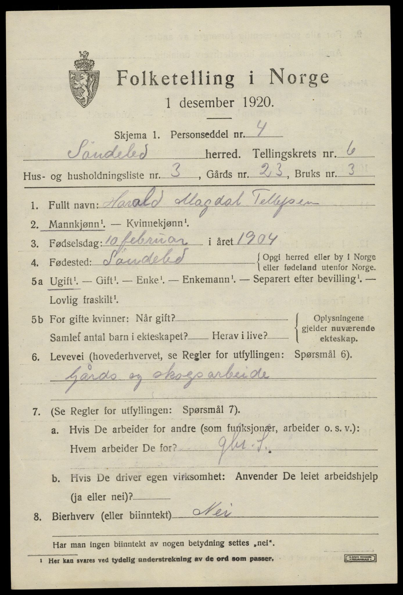 SAK, 1920 census for Søndeled, 1920, p. 3737