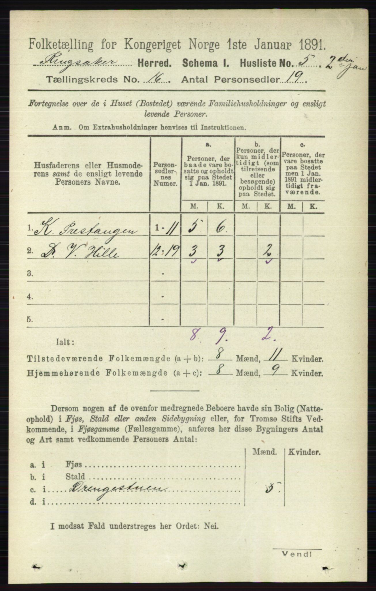 RA, 1891 census for 0412 Ringsaker, 1891, p. 8991