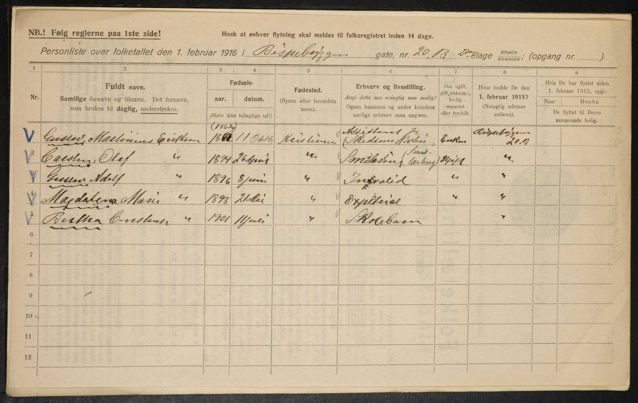 OBA, Municipal Census 1916 for Kristiania, 1916, p. 5411