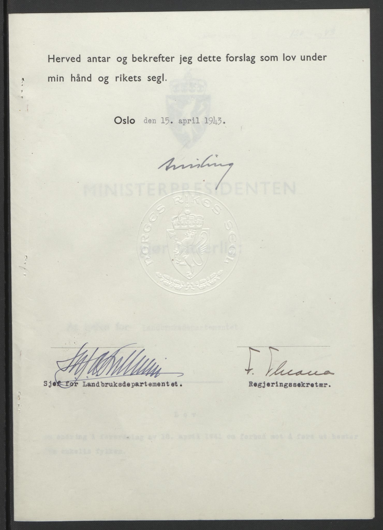 NS-administrasjonen 1940-1945 (Statsrådsekretariatet, de kommisariske statsråder mm), RA/S-4279/D/Db/L0099: Lover, 1943, p. 303