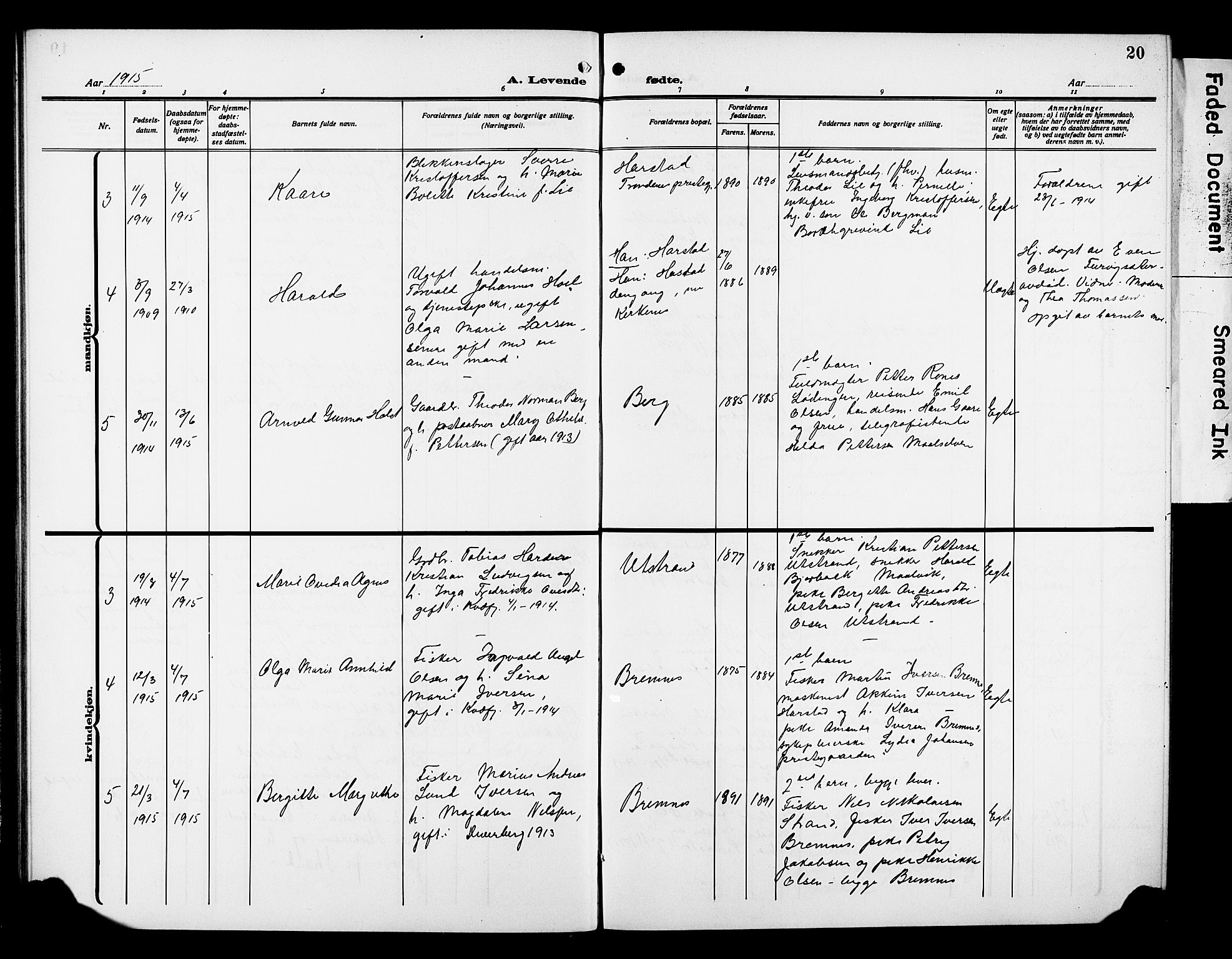 Kvæfjord sokneprestkontor, AV/SATØ-S-1323/G/Ga/Gab/L0006klokker: Parish register (copy) no. 6, 1912-1931, p. 20