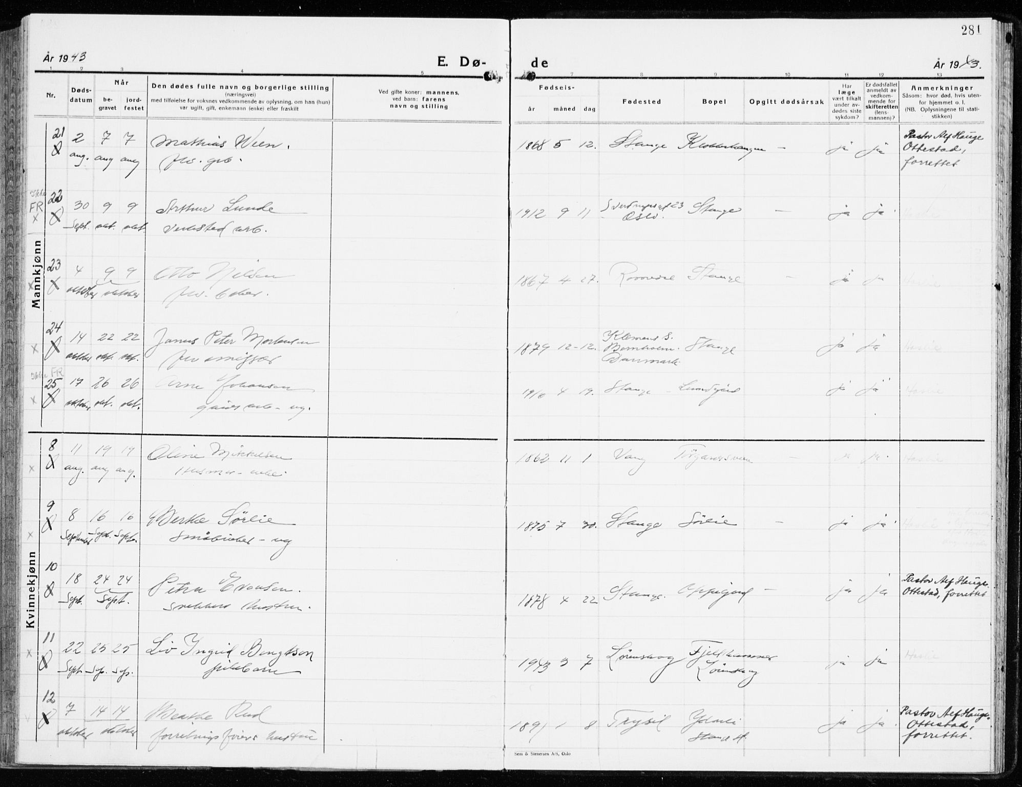 Stange prestekontor, AV/SAH-PREST-002/K/L0027: Parish register (official) no. 27, 1937-1947, p. 281