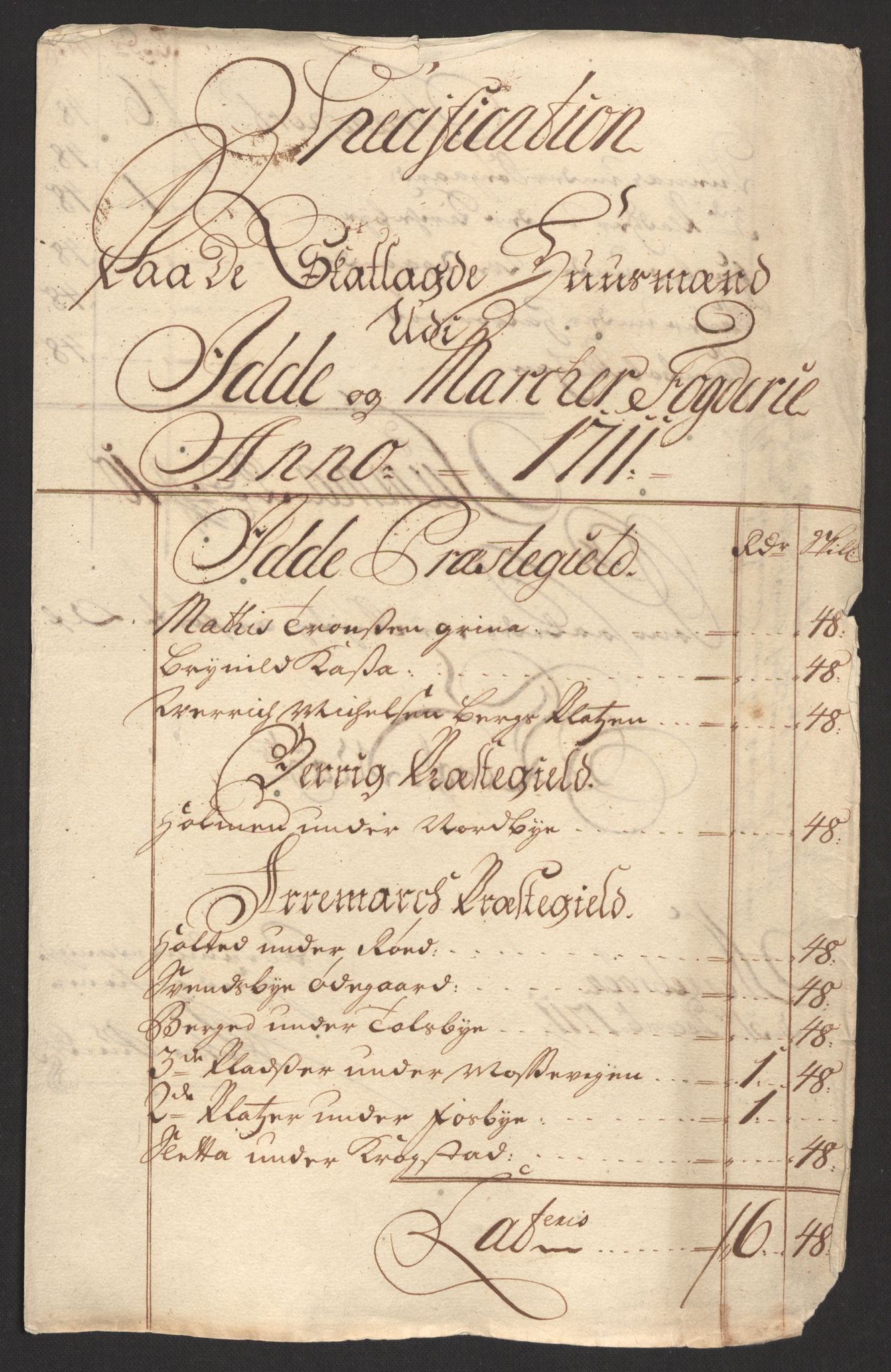 Rentekammeret inntil 1814, Reviderte regnskaper, Fogderegnskap, RA/EA-4092/R01/L0020: Fogderegnskap Idd og Marker, 1711, p. 92
