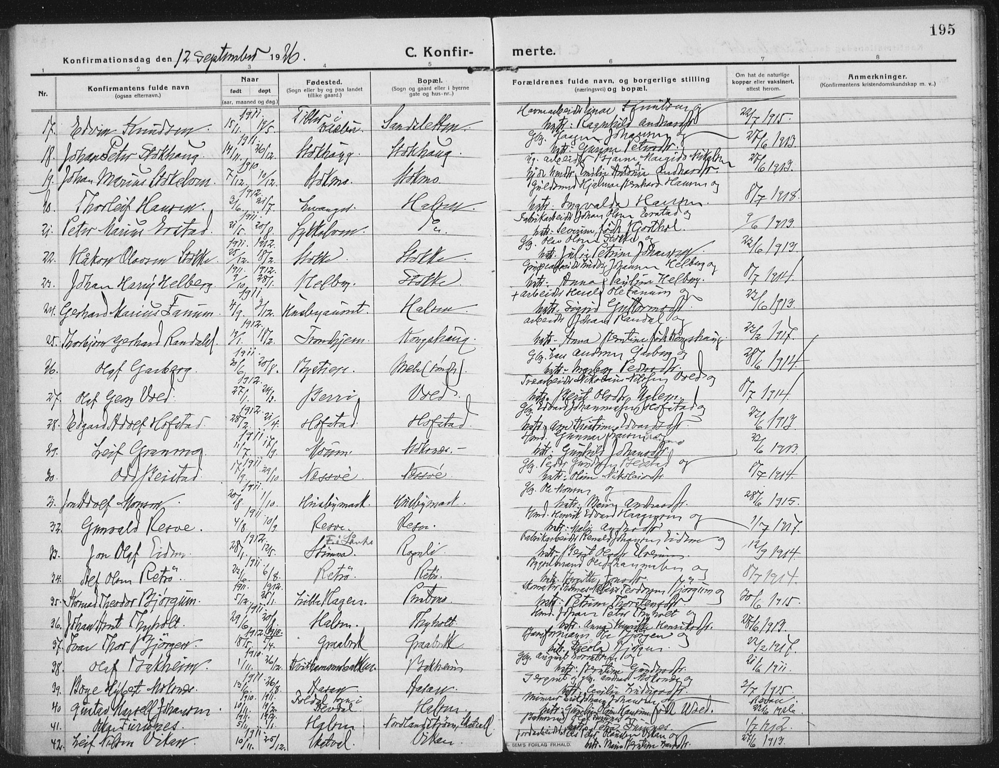Ministerialprotokoller, klokkerbøker og fødselsregistre - Nord-Trøndelag, SAT/A-1458/709/L0083: Parish register (official) no. 709A23, 1916-1928, p. 195