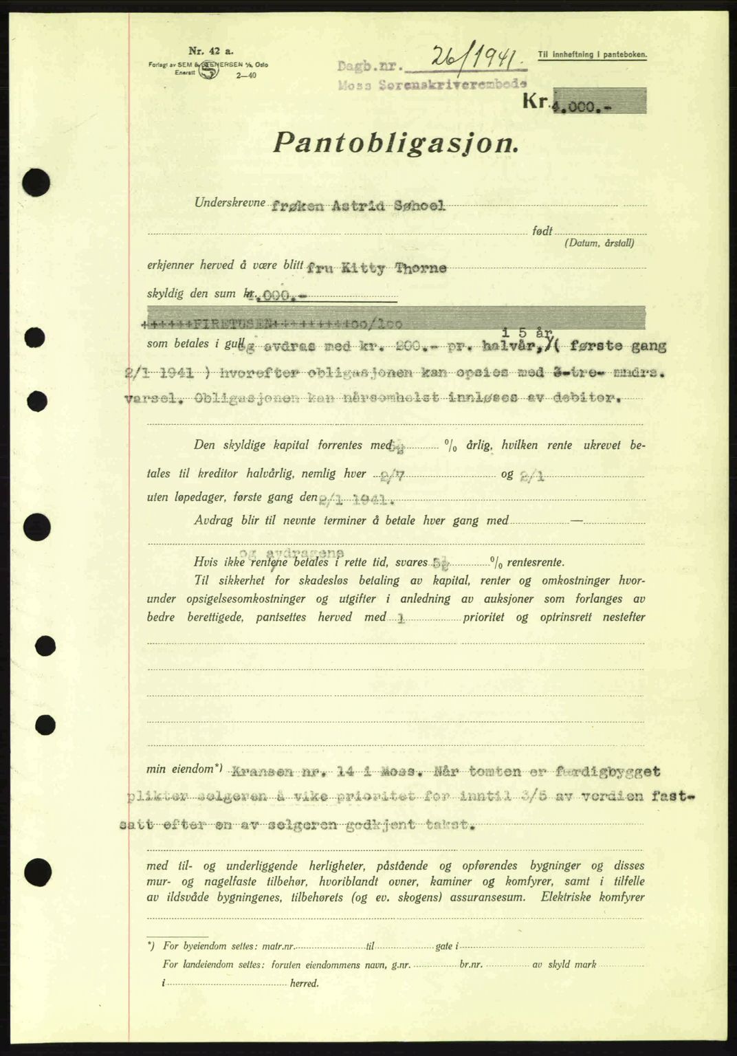 Moss sorenskriveri, SAO/A-10168: Mortgage book no. B10, 1940-1941, Diary no: : 26/1941