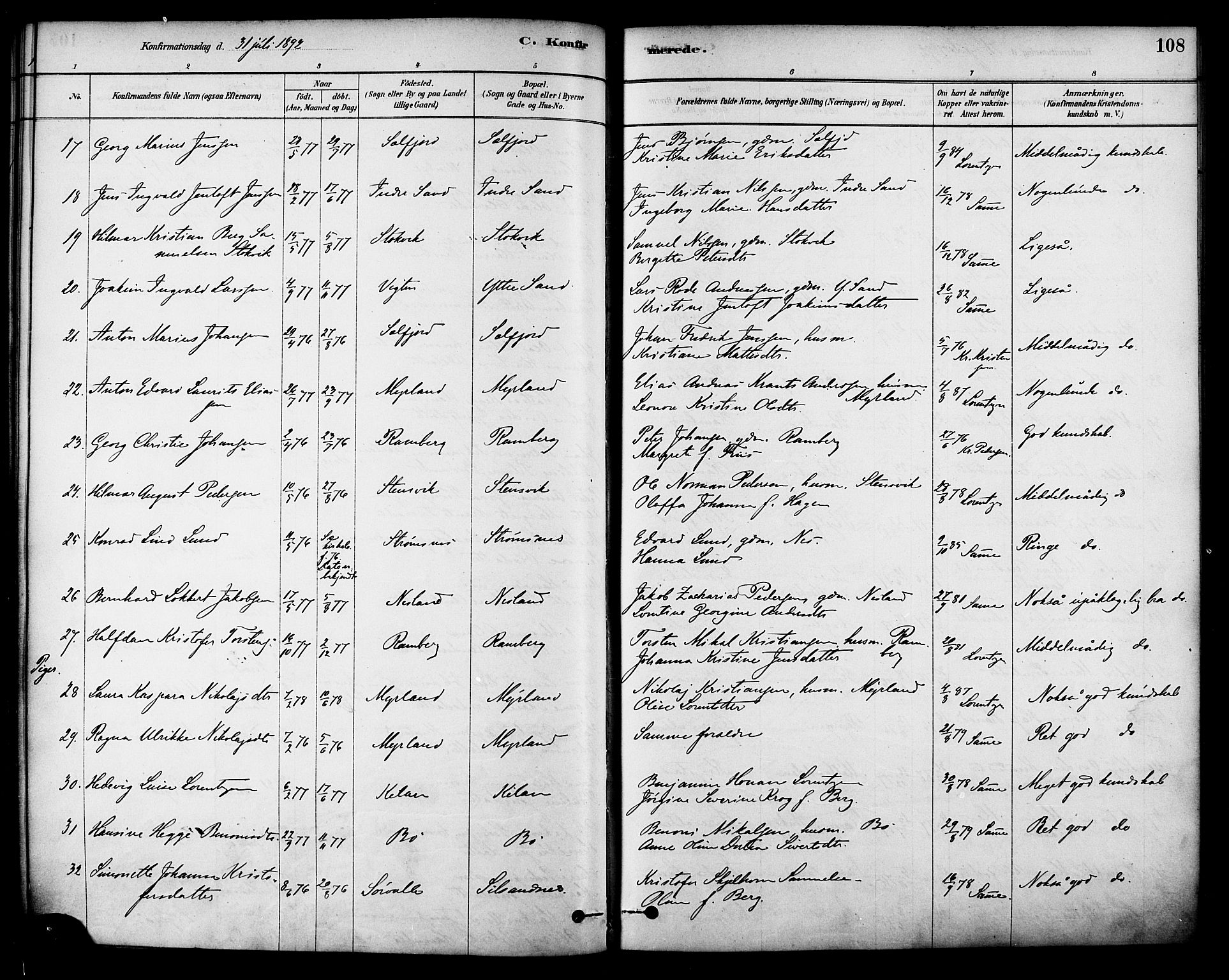 Ministerialprotokoller, klokkerbøker og fødselsregistre - Nordland, SAT/A-1459/885/L1204: Parish register (official) no. 885A05, 1878-1892, p. 108