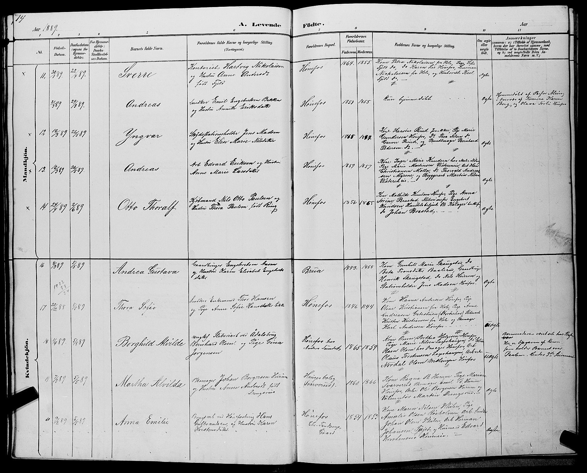 Hønefoss kirkebøker, AV/SAKO-A-609/G/Ga/L0002: Parish register (copy) no. 2, 1888-1904, p. 14