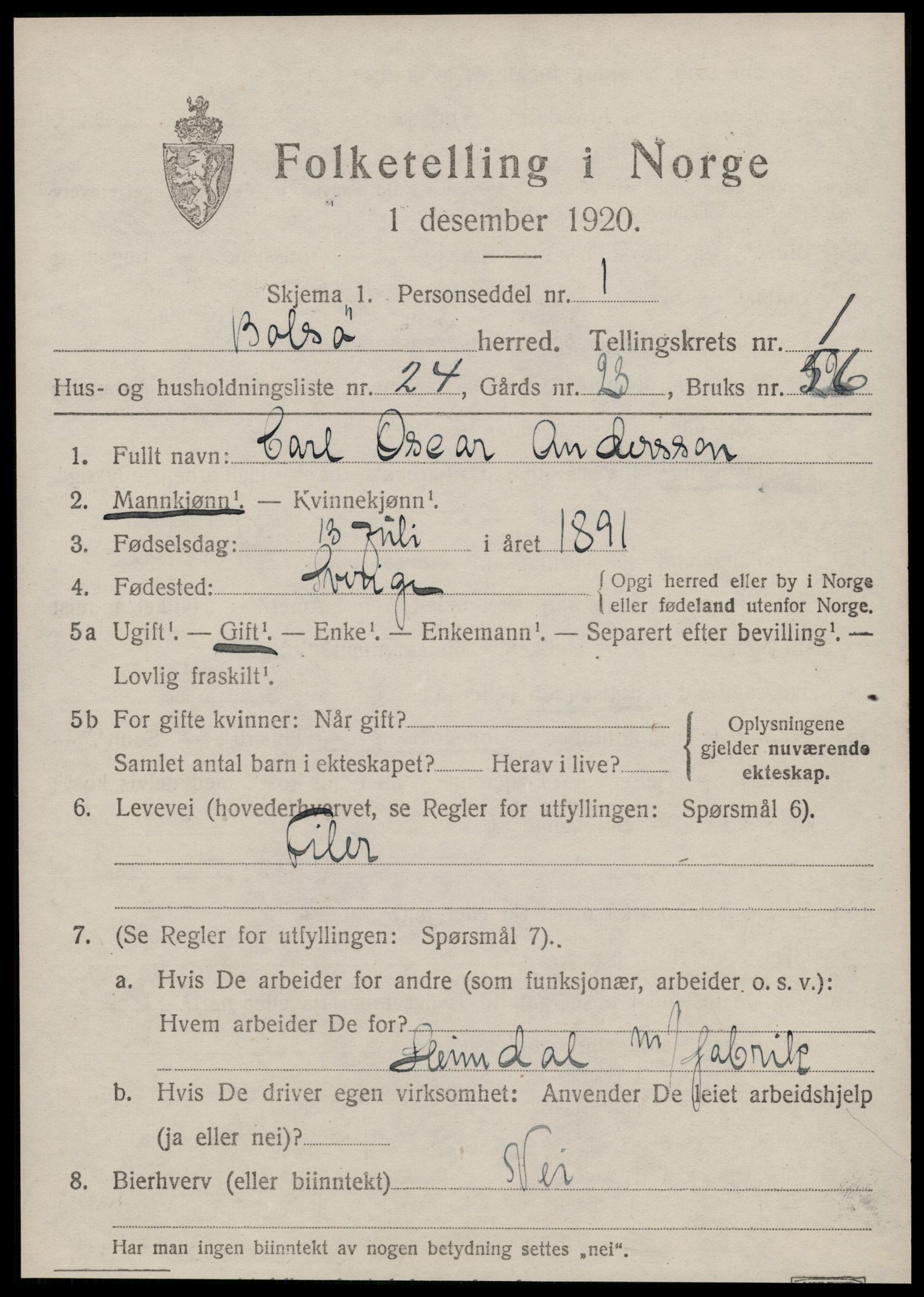 SAT, 1920 census for Bolsøy, 1920, p. 1881