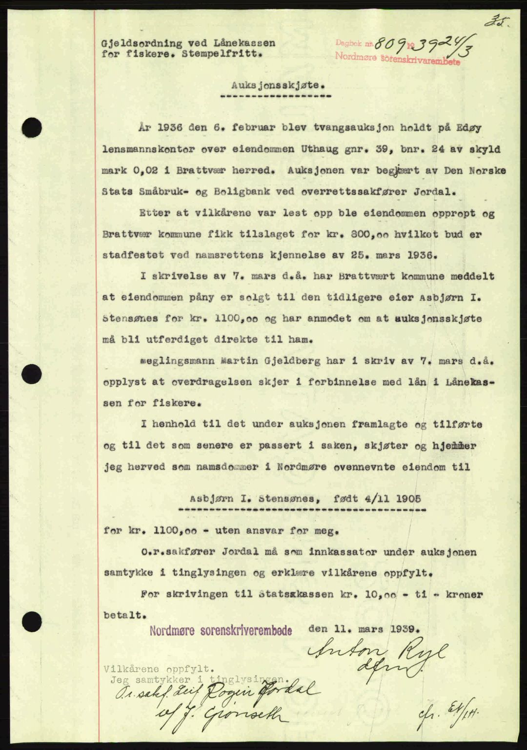 Nordmøre sorenskriveri, AV/SAT-A-4132/1/2/2Ca: Mortgage book no. A86, 1939-1939, Diary no: : 809/1939