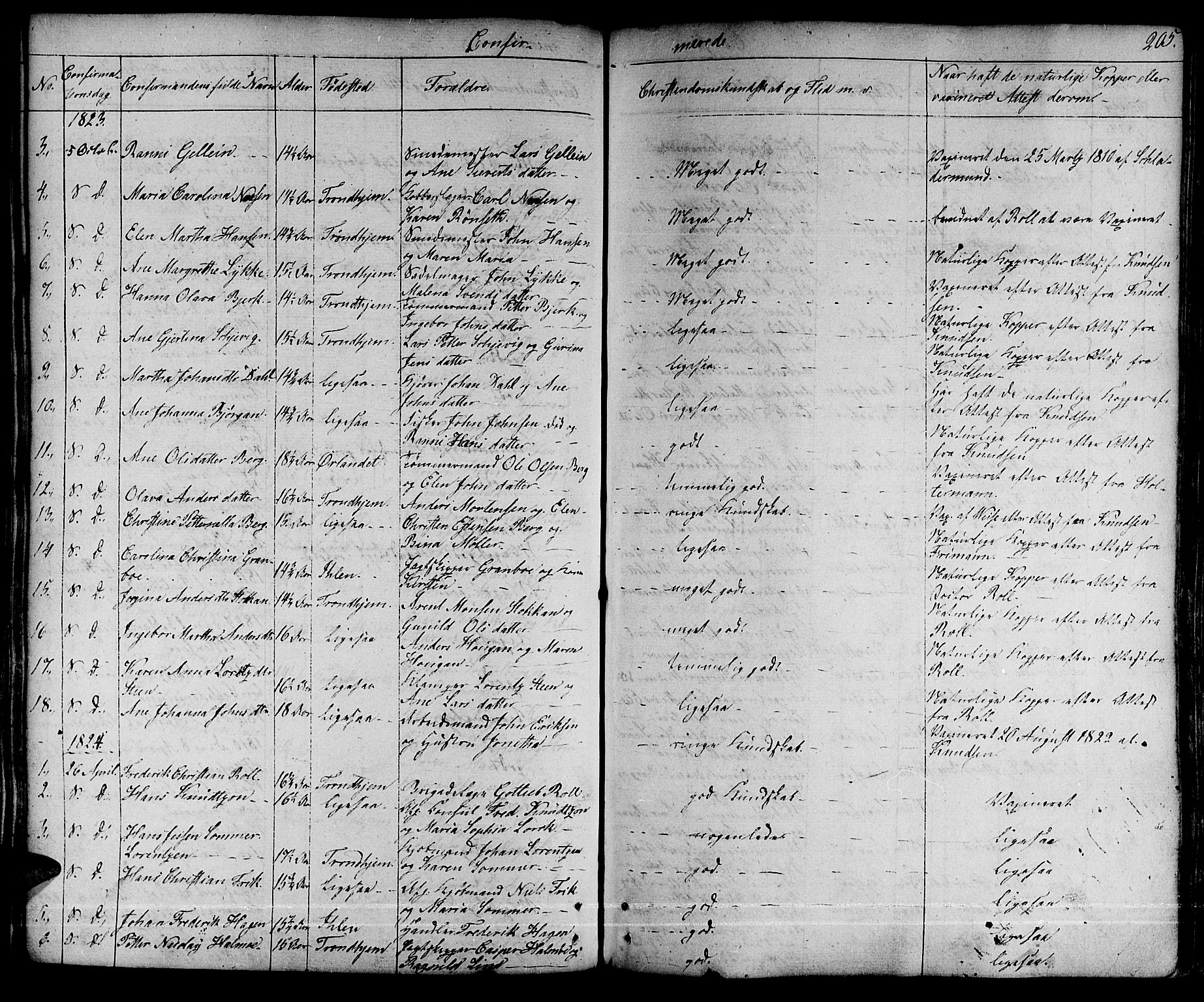 Ministerialprotokoller, klokkerbøker og fødselsregistre - Sør-Trøndelag, SAT/A-1456/601/L0045: Parish register (official) no. 601A13, 1821-1831, p. 205
