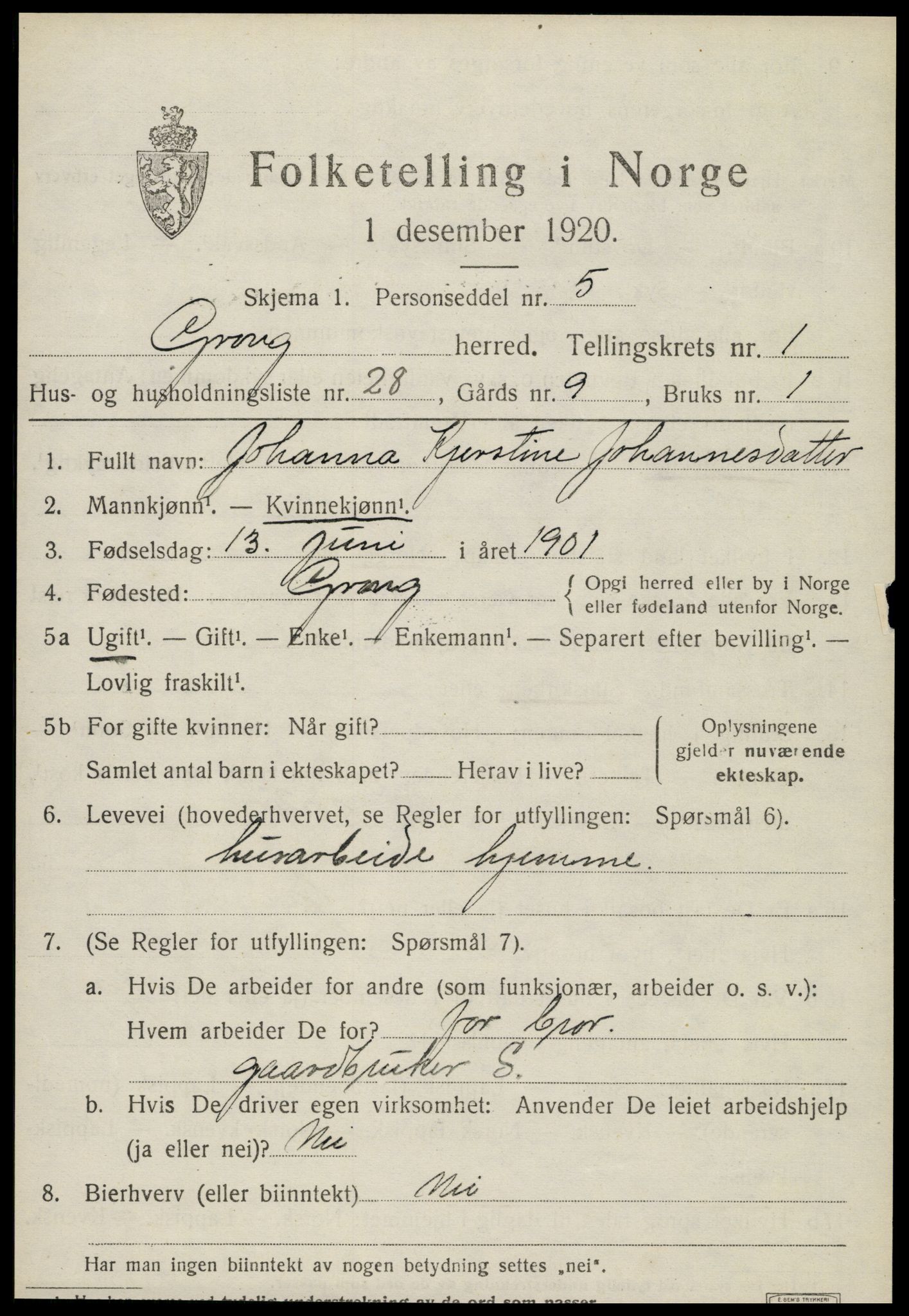 SAT, 1920 census for Grong, 1920, p. 1421