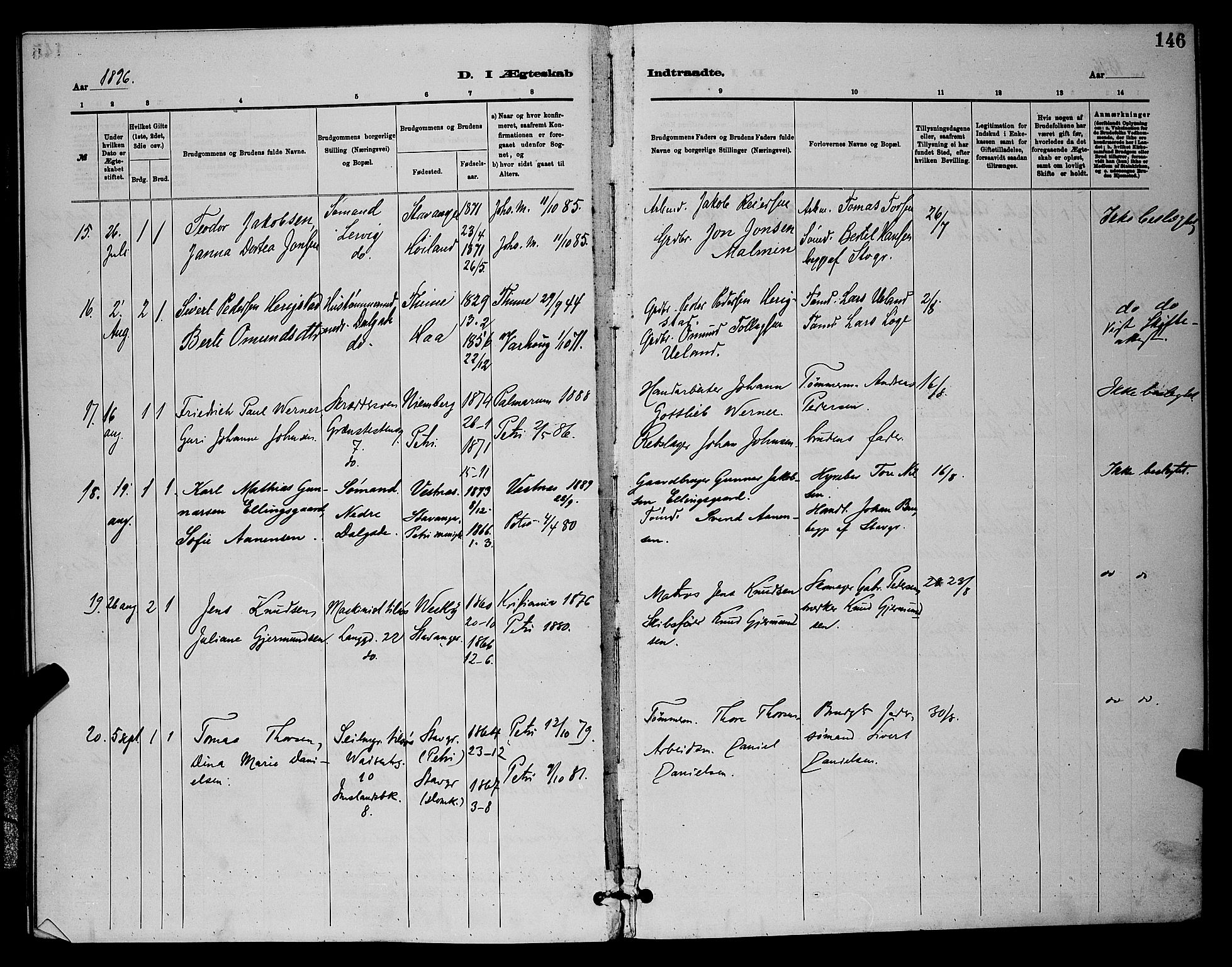 St. Johannes sokneprestkontor, AV/SAST-A-101814/001/30/30BB/L0001: Parish register (copy) no. B 1, 1885-1897, p. 146