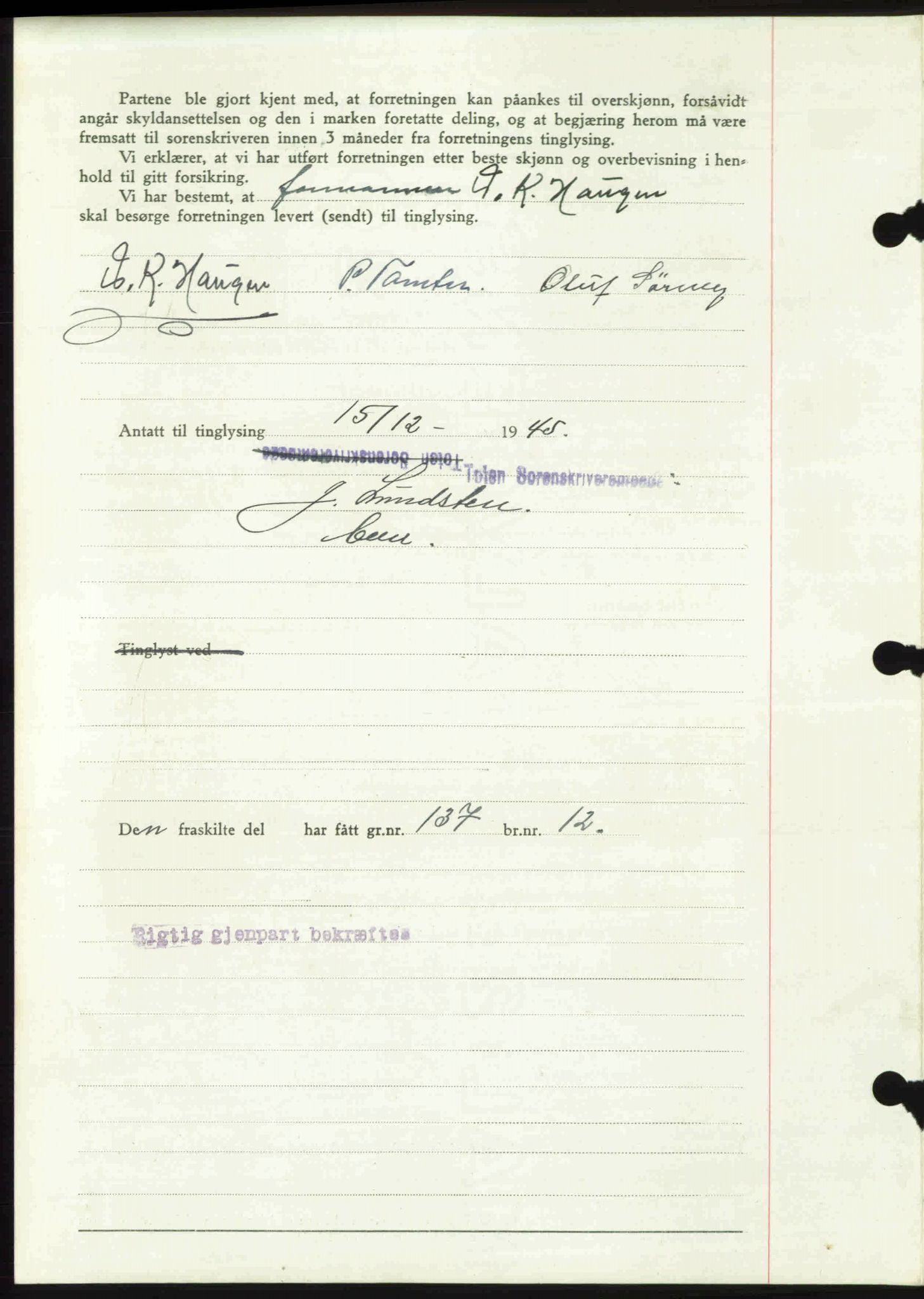 Toten tingrett, SAH/TING-006/H/Hb/Hbc/L0013: Mortgage book no. Hbc-13, 1945-1945, Diary no: : 1752/1945