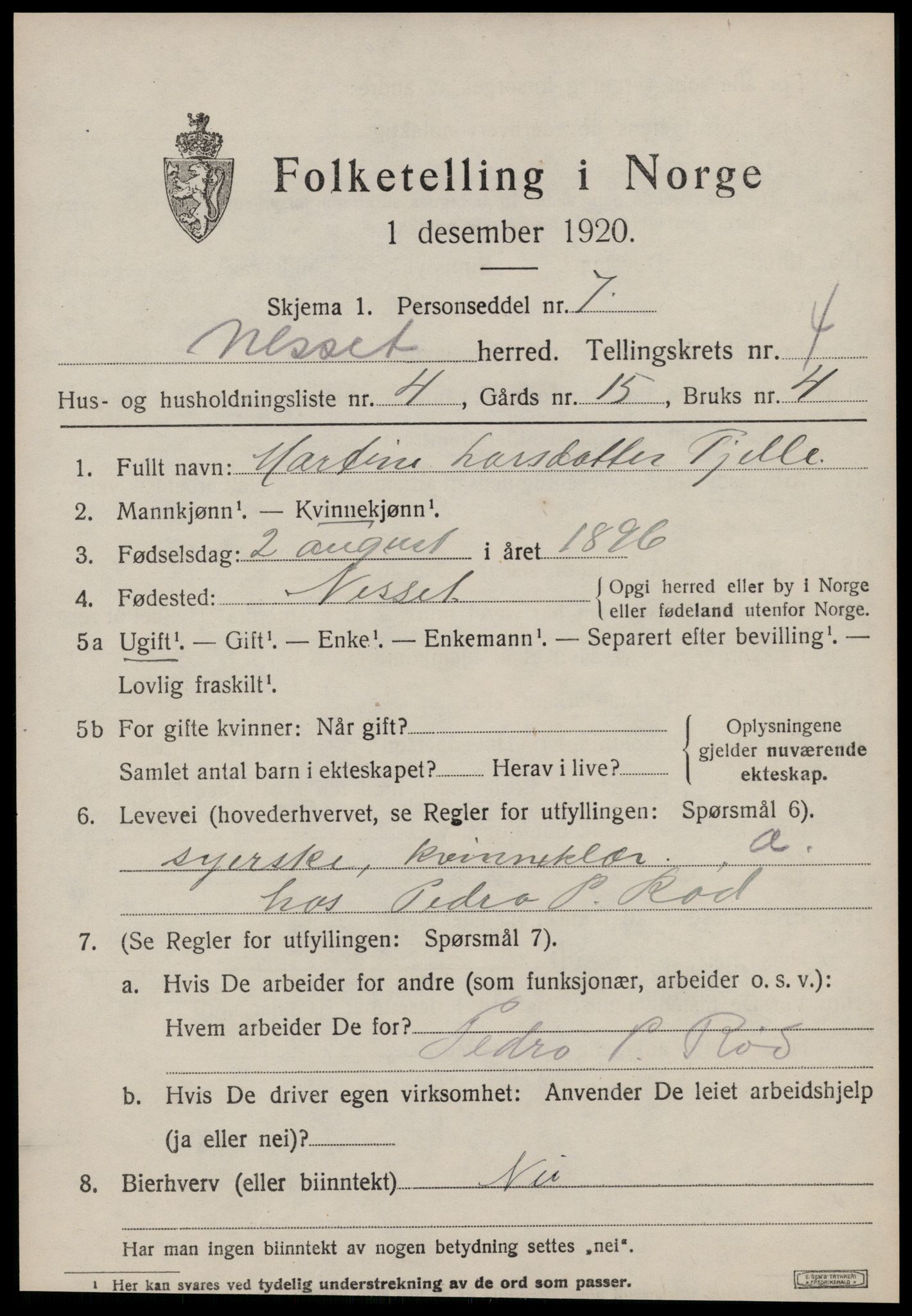 SAT, 1920 census for Nesset, 1920, p. 1538