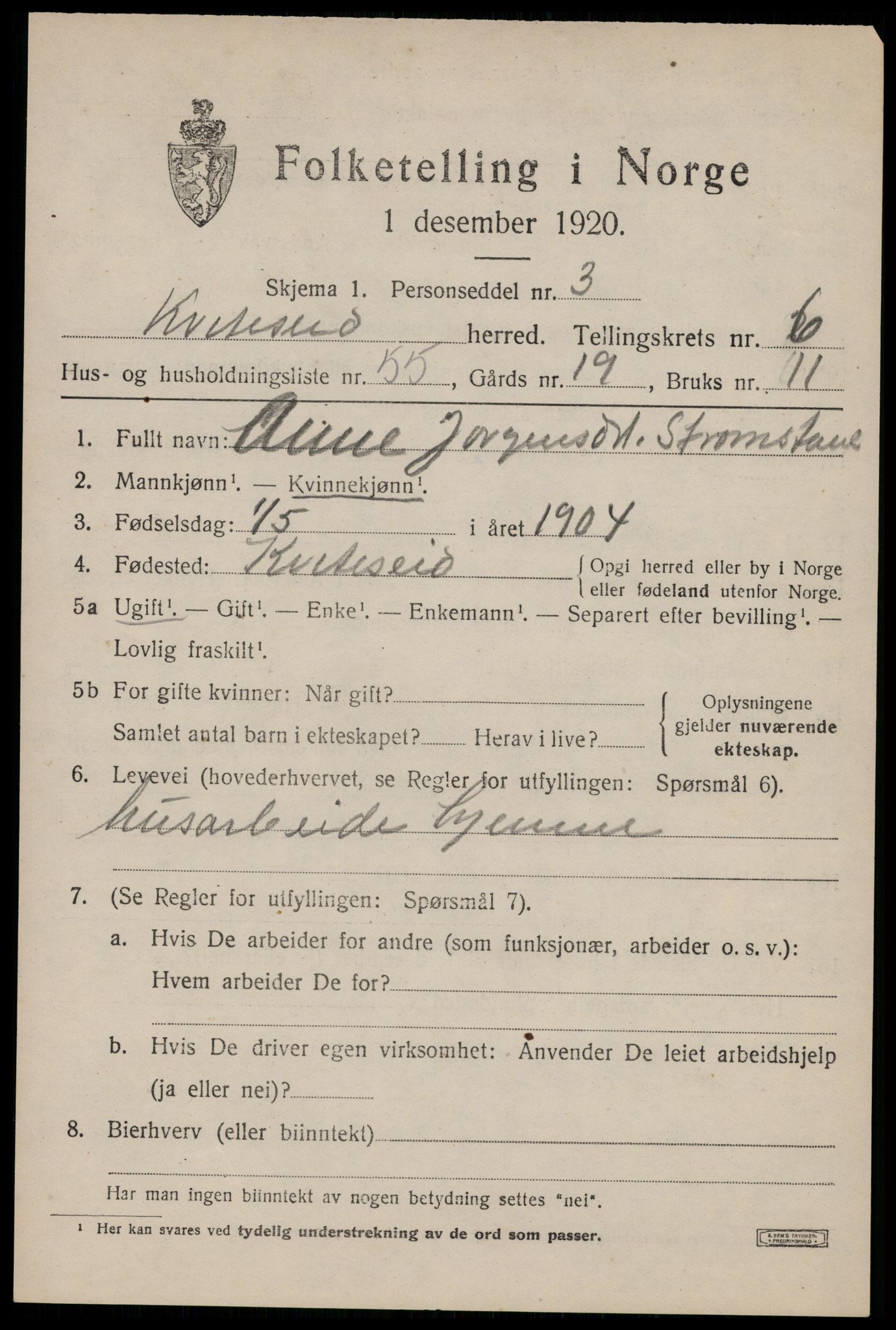 SAKO, 1920 census for Kviteseid, 1920, p. 3511