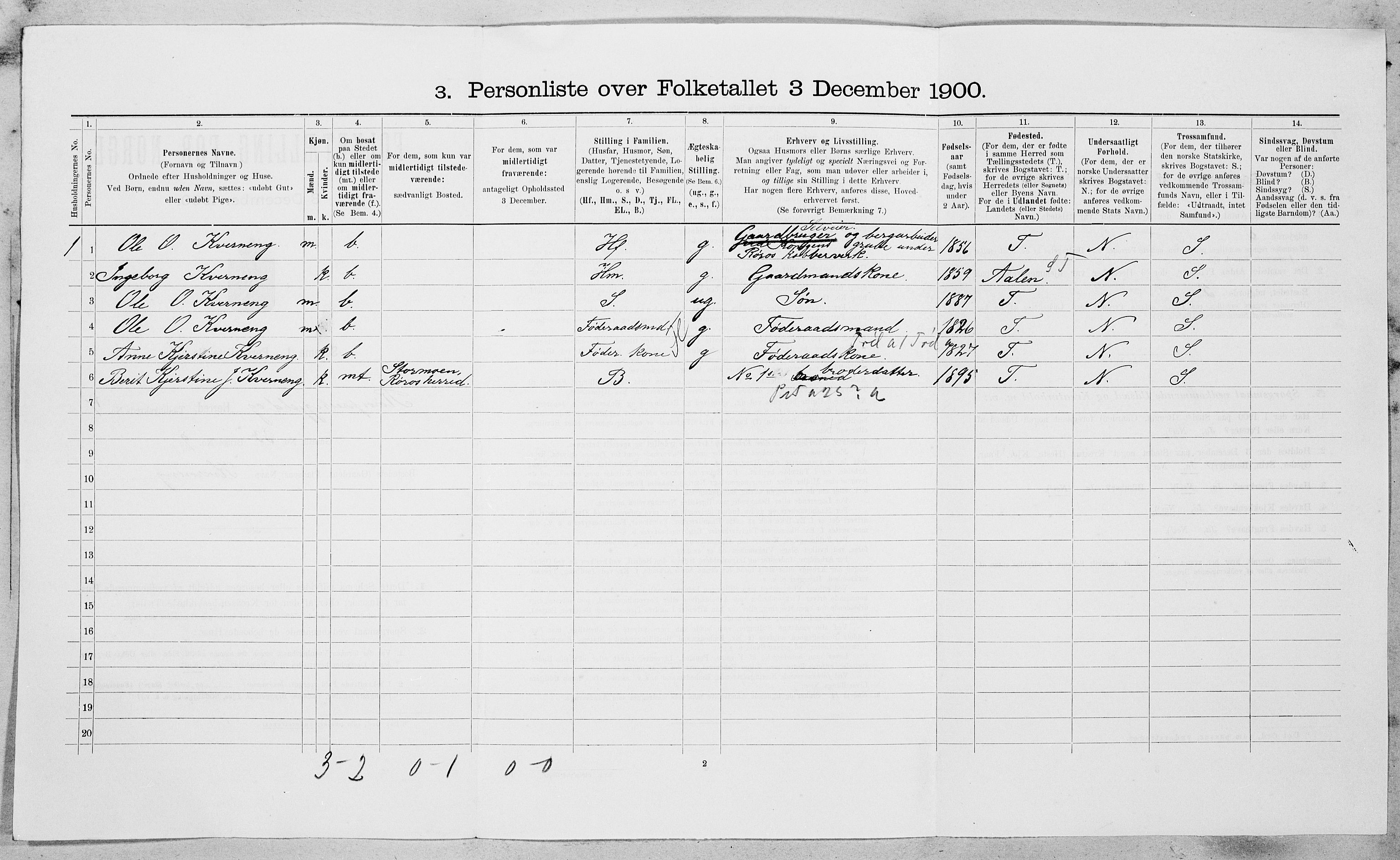 SAT, 1900 census for Røros, 1900, p. 865