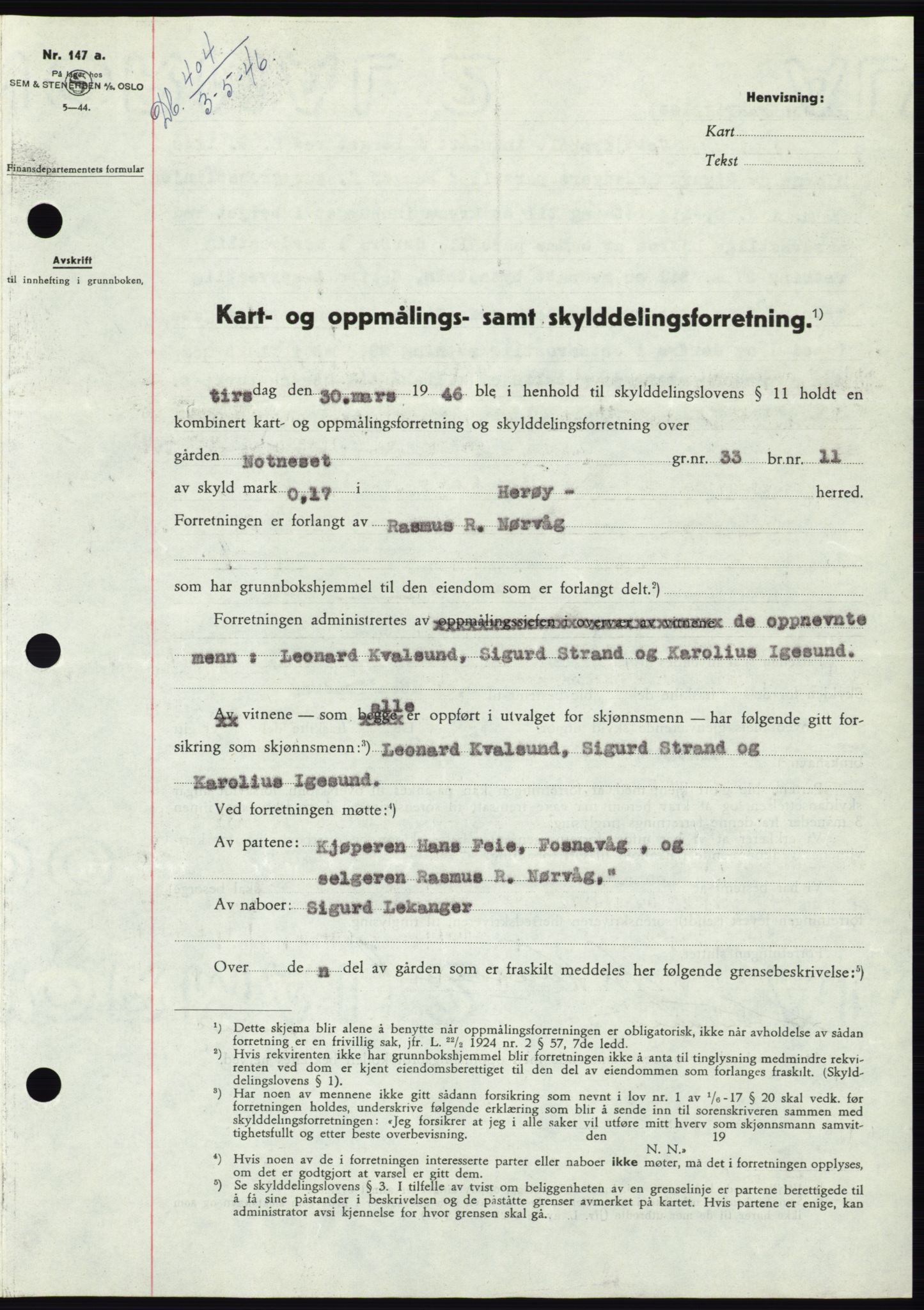 Søre Sunnmøre sorenskriveri, AV/SAT-A-4122/1/2/2C/L0078: Mortgage book no. 4A, 1946-1946, Diary no: : 404/1946