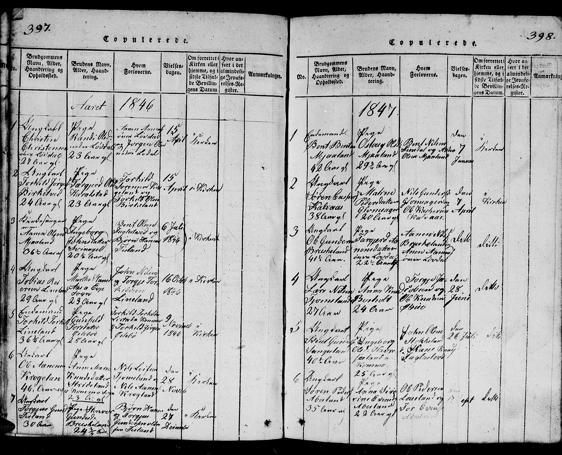 Holum sokneprestkontor, SAK/1111-0022/F/Fb/Fbb/L0001: Parish register (copy) no. B 1, 1820-1847, p. 397-398