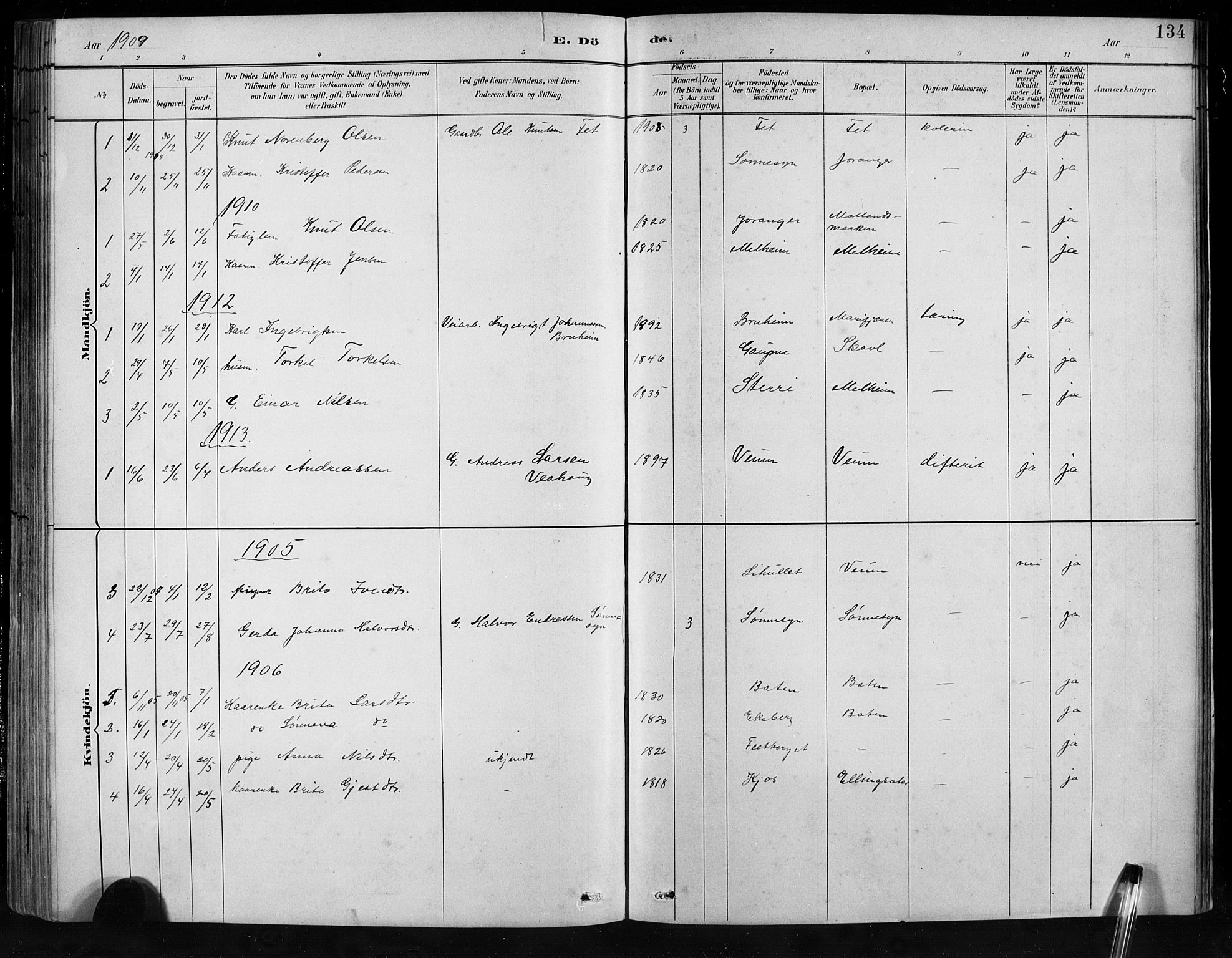 Jostedal sokneprestembete, SAB/A-80601/H/Hab/Habb/L0001: Parish register (copy) no. B 1, 1882-1921, p. 134