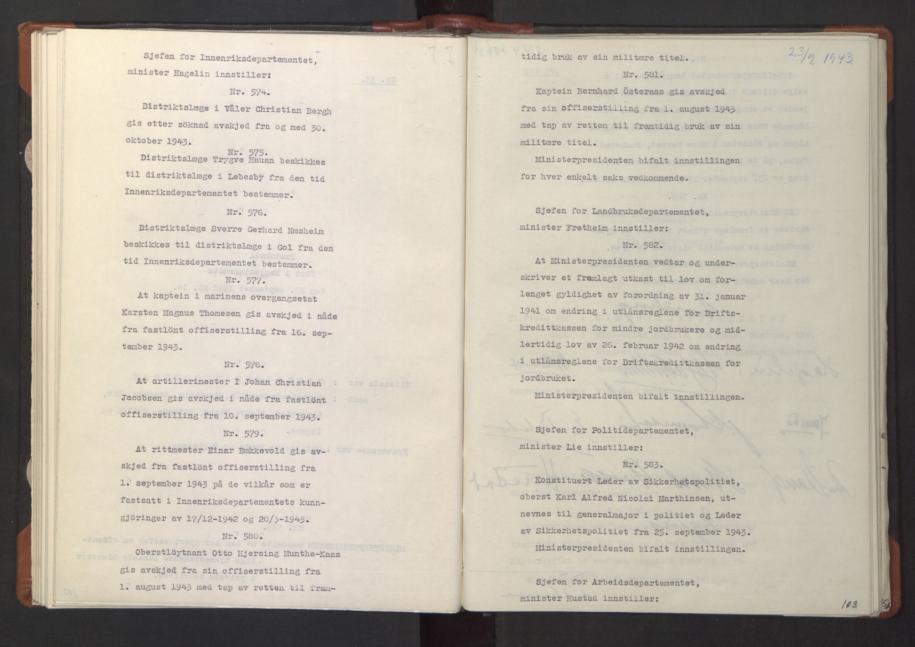 NS-administrasjonen 1940-1945 (Statsrådsekretariatet, de kommisariske statsråder mm), RA/S-4279/D/Da/L0003: Vedtak (Beslutninger) nr. 1-746 og tillegg nr. 1-47 (RA. j.nr. 1394/1944, tilgangsnr. 8/1944, 1943, p. 105