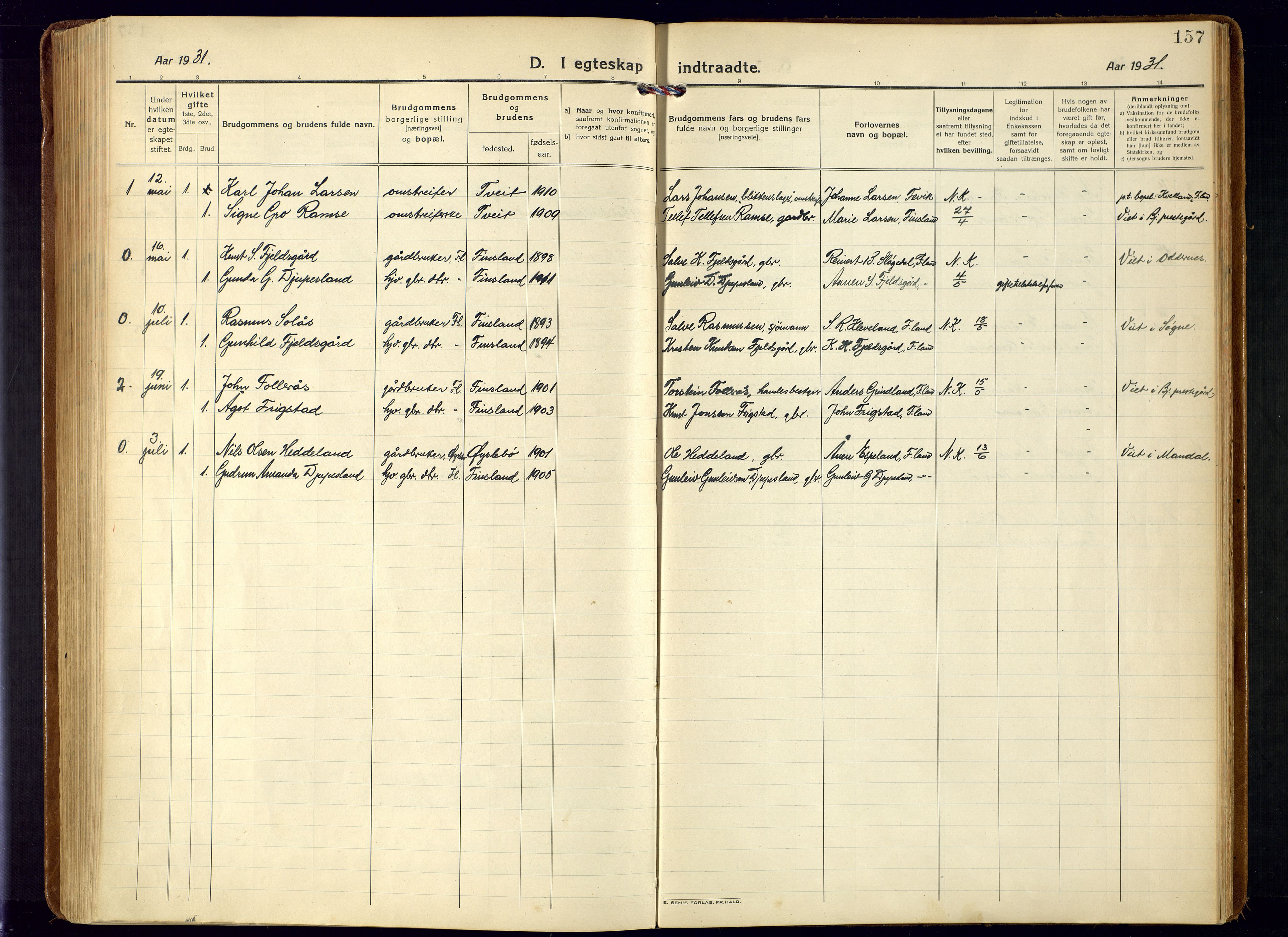 Bjelland sokneprestkontor, SAK/1111-0005/F/Fa/Fab/L0005: Parish register (official) no. A 5, 1921-1951, p. 157