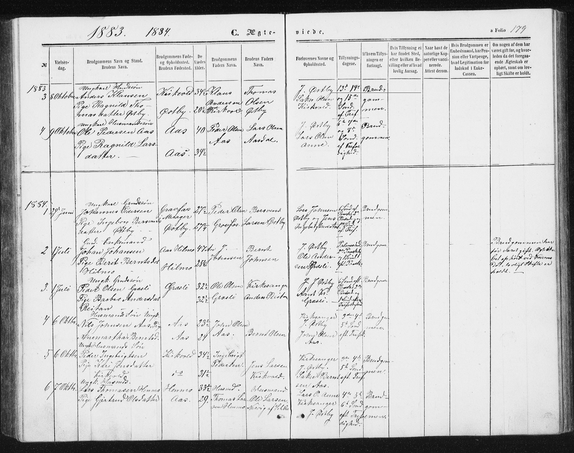 Ministerialprotokoller, klokkerbøker og fødselsregistre - Sør-Trøndelag, SAT/A-1456/698/L1166: Parish register (copy) no. 698C03, 1861-1887, p. 179