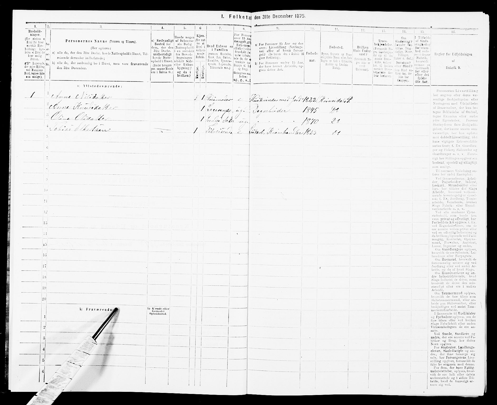 SAK, 1875 census for 1037P Kvinesdal, 1875, p. 282