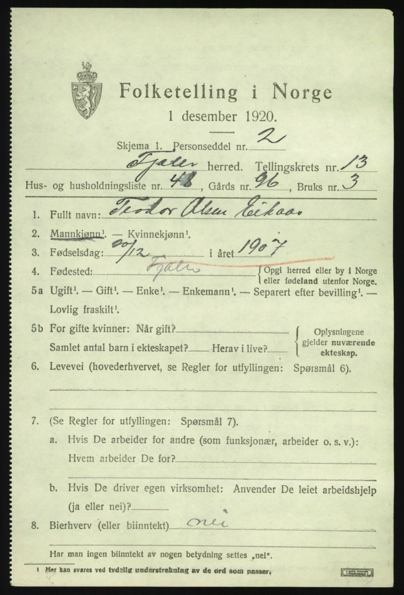 SAB, 1920 census for Fjaler, 1920, p. 7797